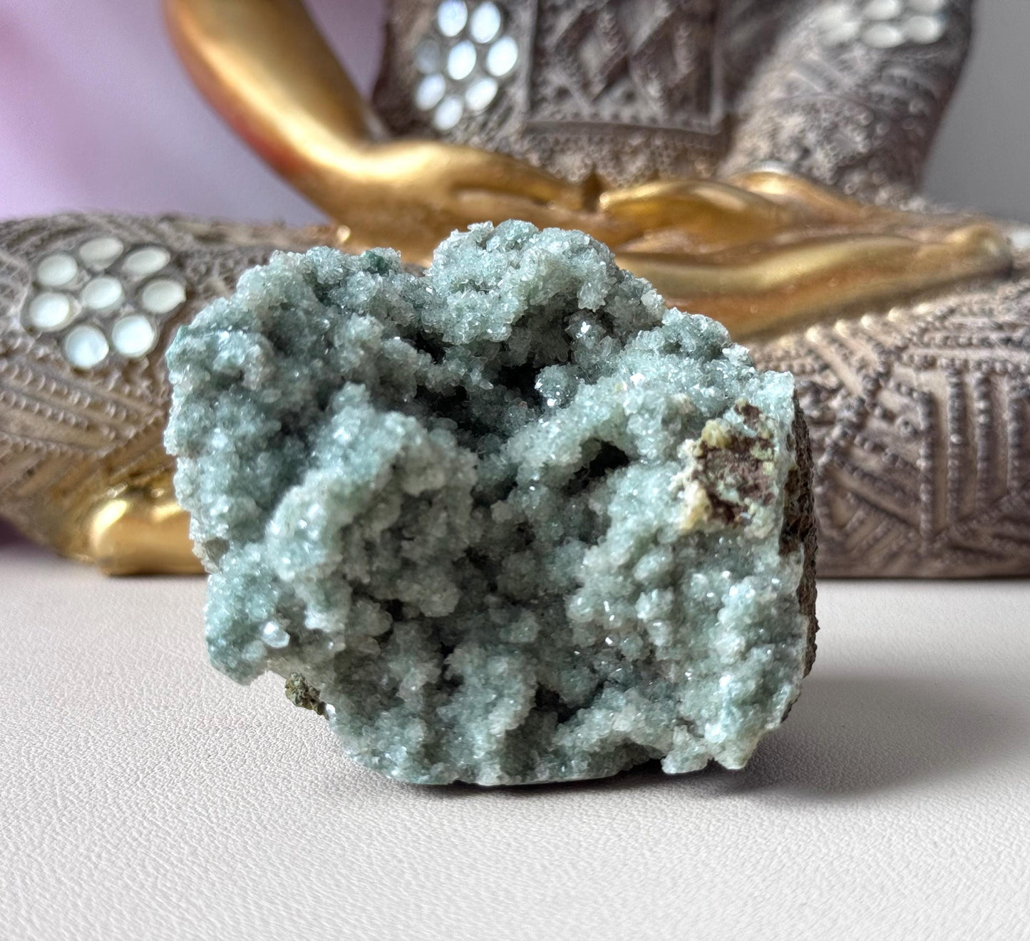 Stunning Green Chalcedony with Druzy Apophyllite and Heulandite Cluster from India