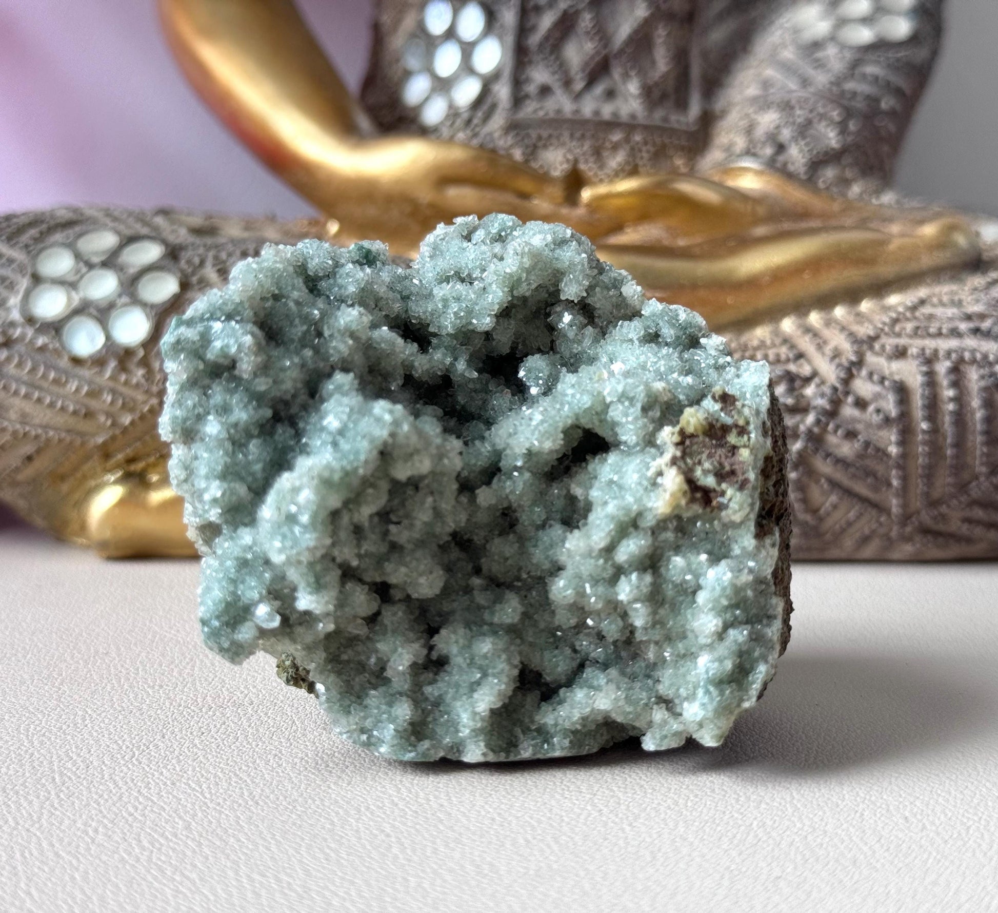 Stunning Green Chalcedony with Druzy Apophyllite and Heulandite Cluster from India