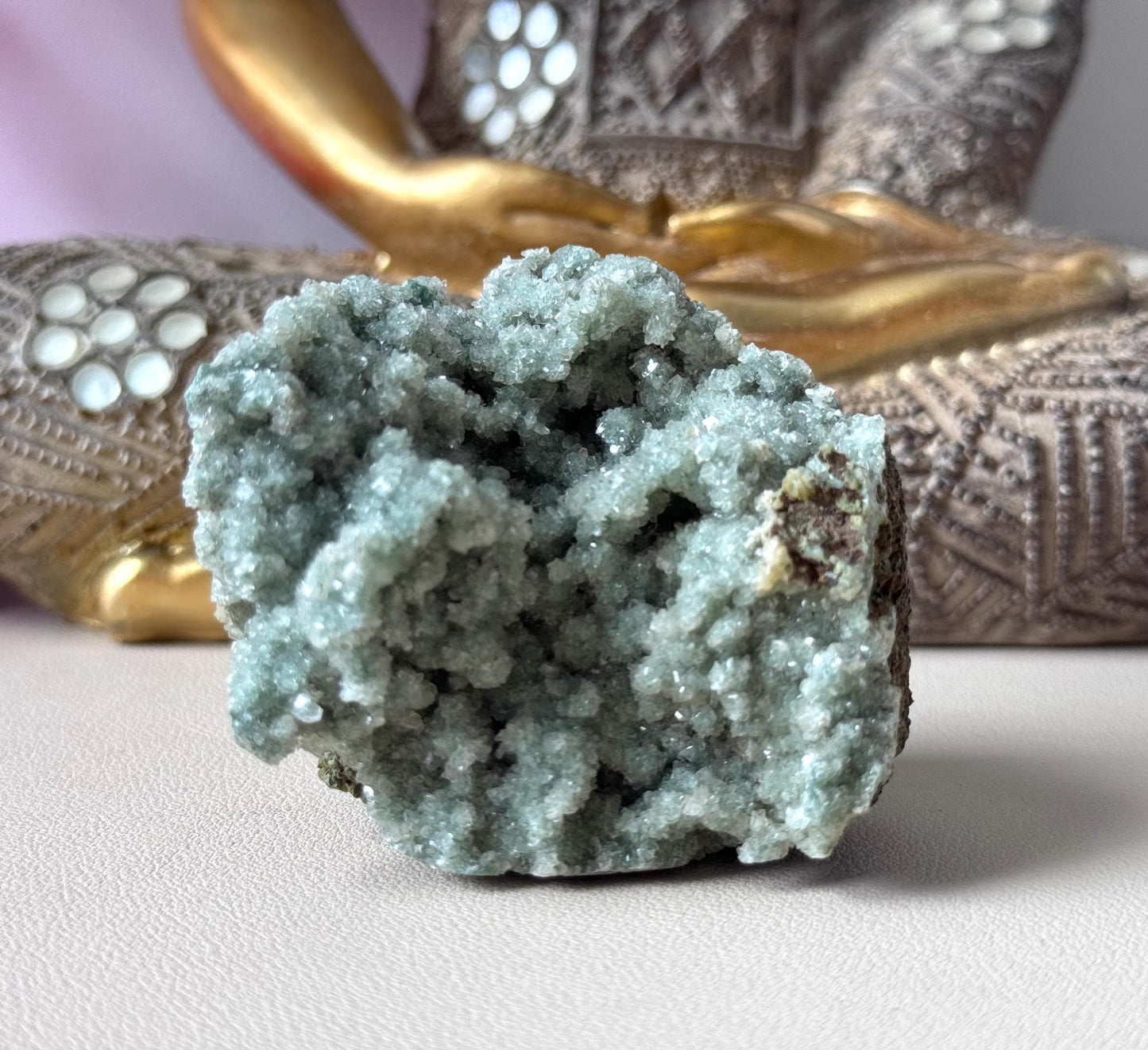 Stunning Green Chalcedony with Druzy Apophyllite and Heulandite Cluster from India