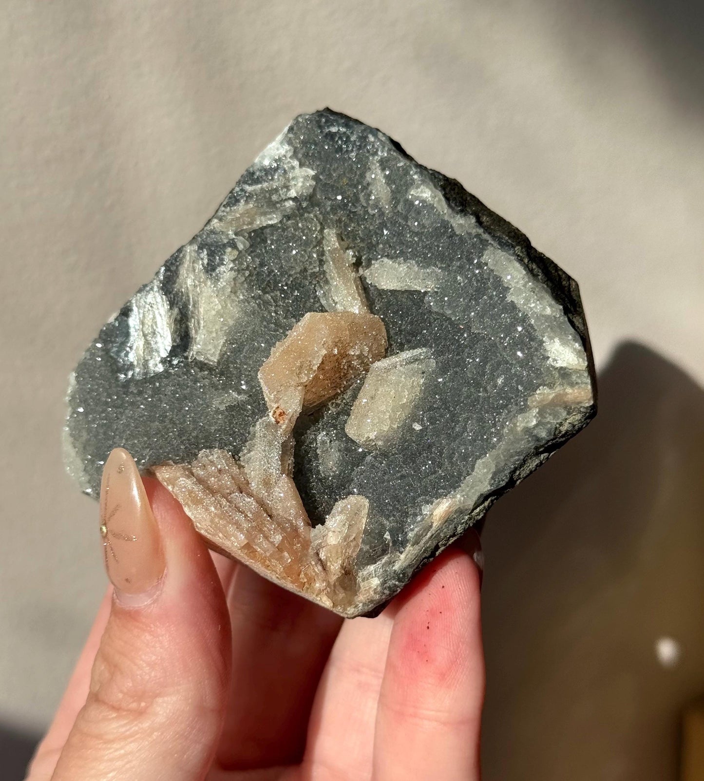 Beautiful Druzy Blue Chalcedony with Peach Stillbites Cluster from India