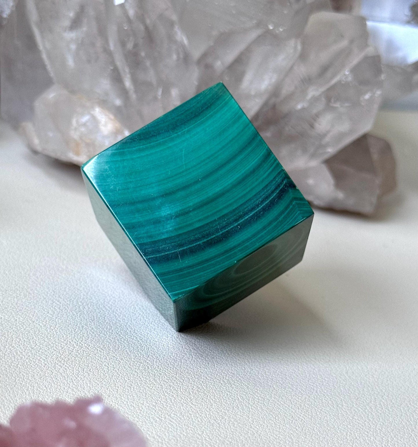 Beautiful Malachite Cube | Banded Malachite Tilted Cube Polished