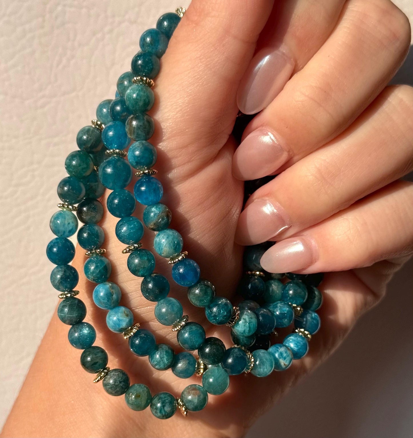 Beautiful Blue Apatite Bracelet with 18KT Gold Plated Accents | 6mm Blue Apatite Beaded Bracelet