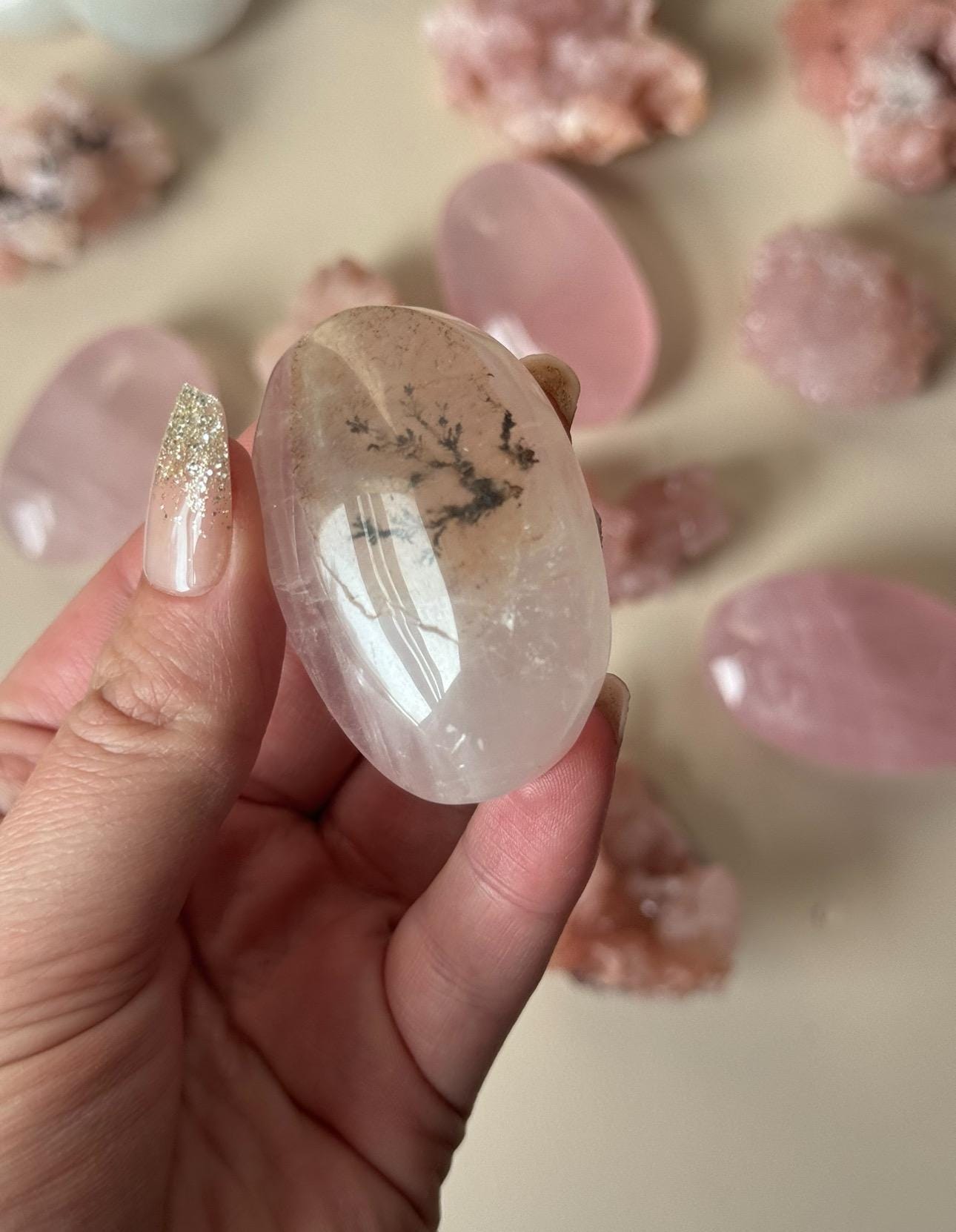 Gorgeous Rose Quartz Palmstone with Dentritic Inclusions | Dentritic Rose Quartz Palm Stone