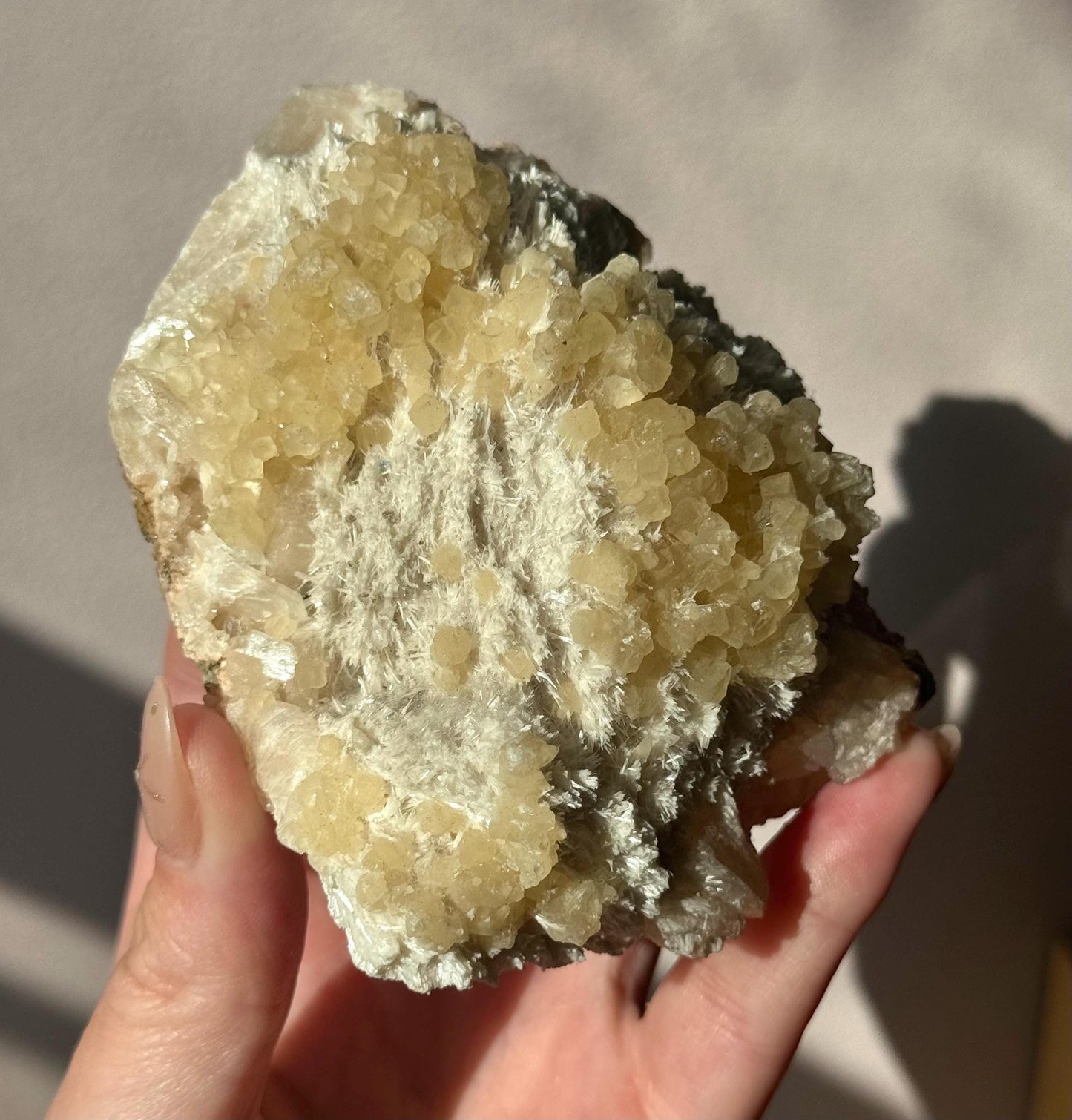 Beautiful White Stilbite with Honey Calcite & Druzy Apophyllite Specimen from India