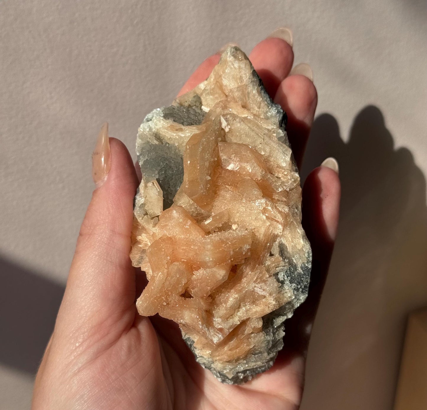 Beautiful Druzy Blue Chalcedony with Peach Stillbites Cluster from India
