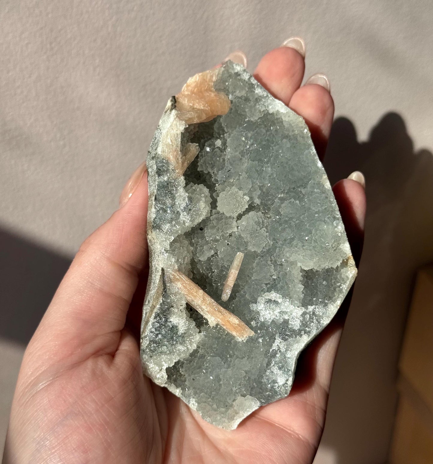 Beautiful Druzy Blue Chalcedony with Peach Stillbites Cluster from India