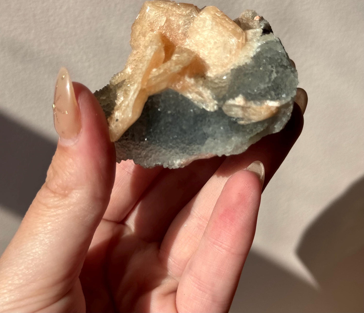 Beautiful Druzy Blue Chalcedony with Peach Stillbites Cluster from India
