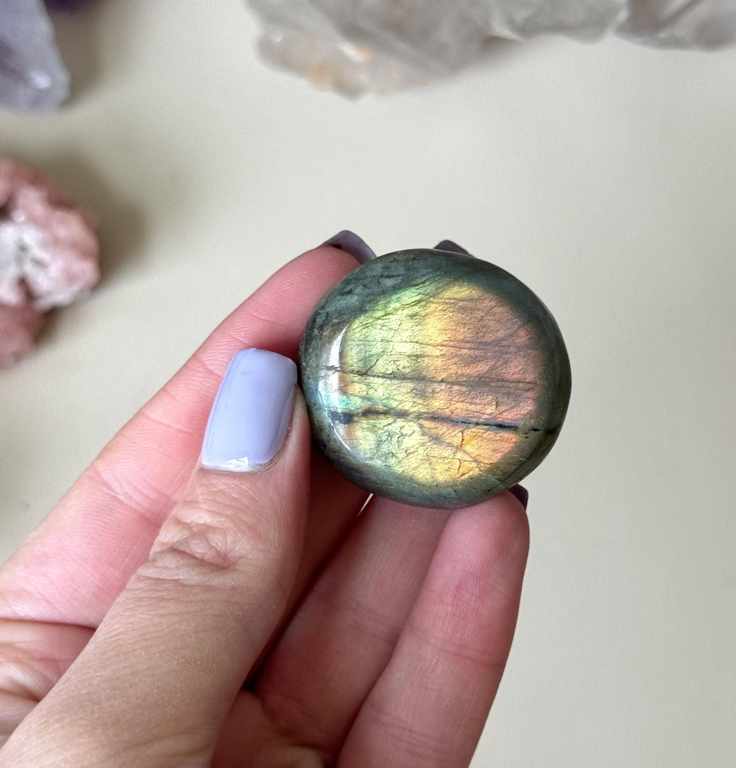 Stunning Labradorite Coin | Sunset Labradorite Palm Stone with Rainbow Flash