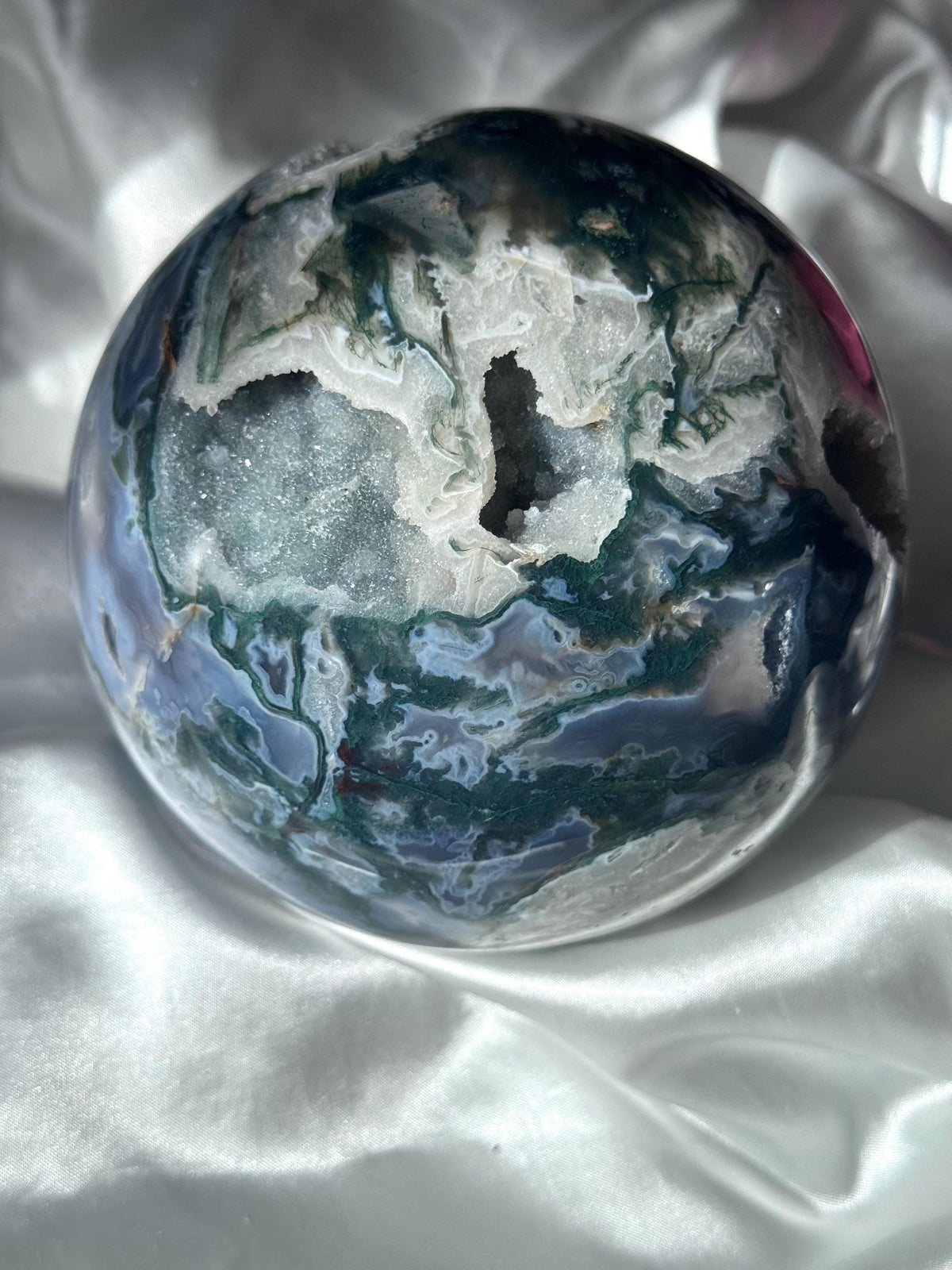 XL Gorgeous Druzy Moss Agate Sphere 3.373kg 120mm Moss Agate Crystal Ball