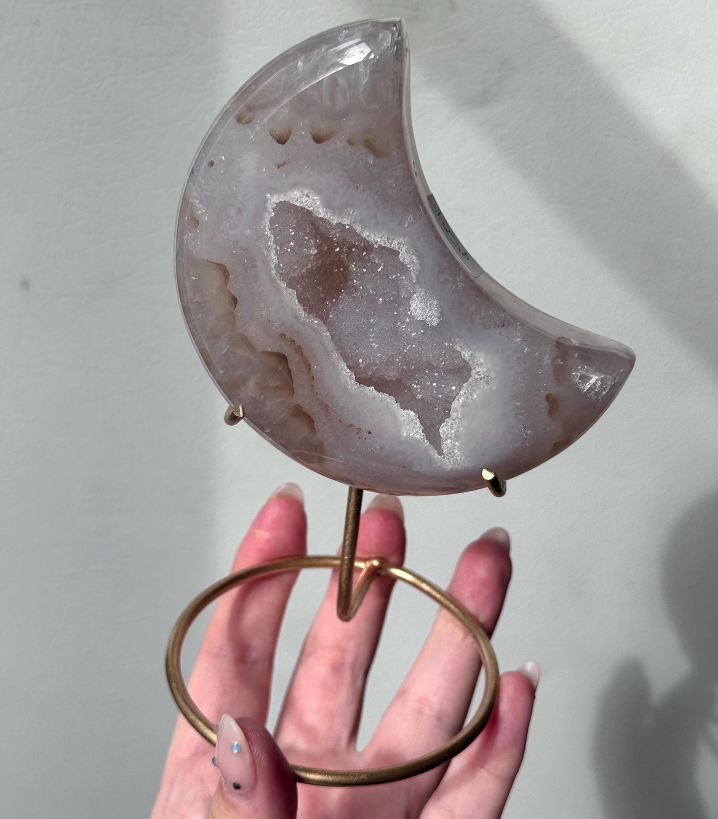 Stunning Druzy Agate Moon with Stand | Sugar Druzy Agate Crescent Moon Carving with Display Stand
