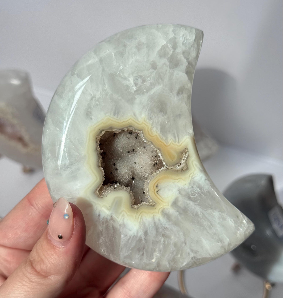 Stunning Druzy Agate Moon with Stand | Sugar Druzy Agate Crescent Moon Carving with Display Stand