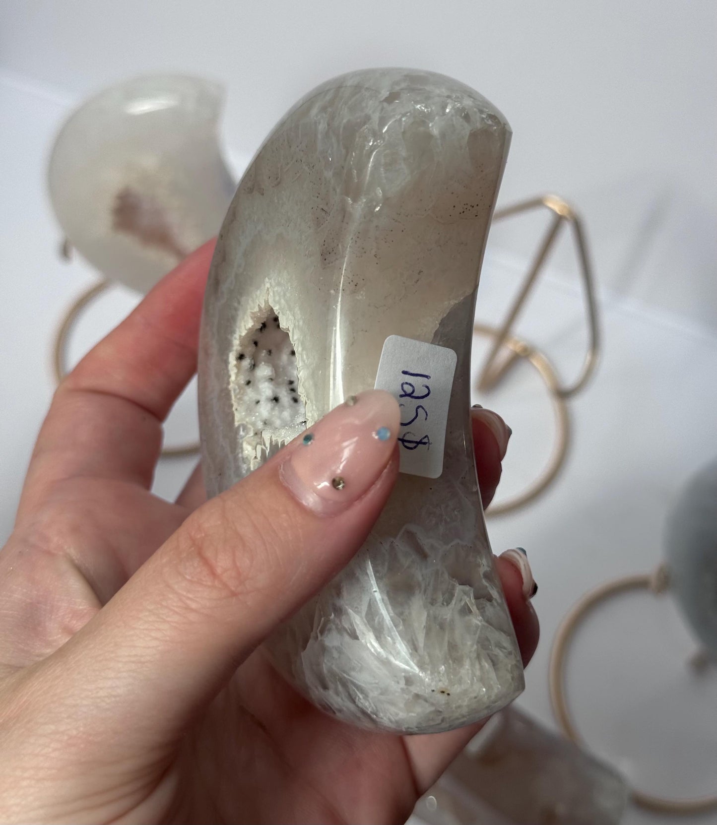 Stunning Druzy Agate Moon with Stand | Sugar Druzy Agate Crescent Moon Carving with Display Stand
