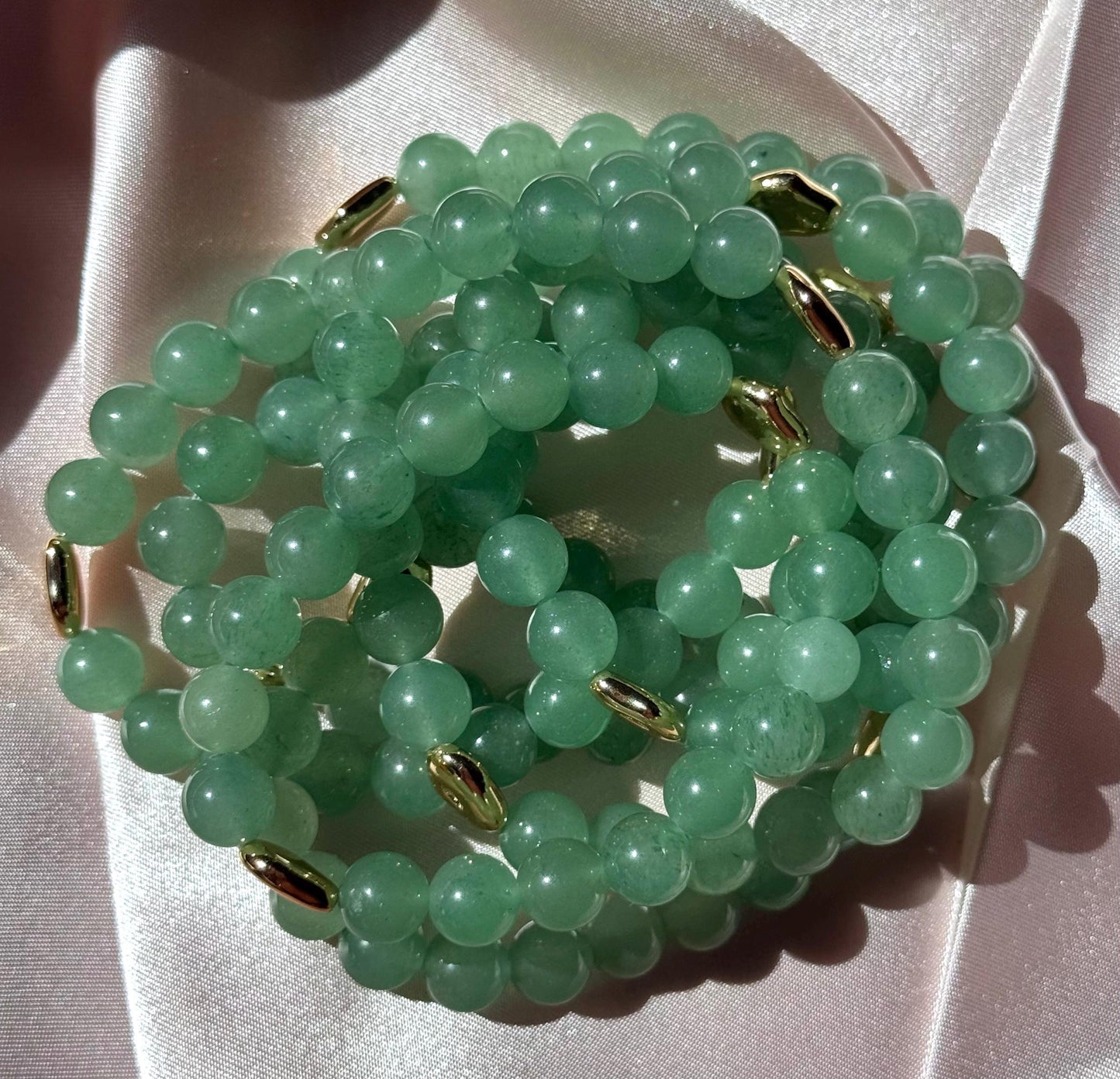 Beautiful Green Aventurine Bracelet with 18KT Gold Plated Accent Beads | 8mm Green Aventurine Beaded Bracelet