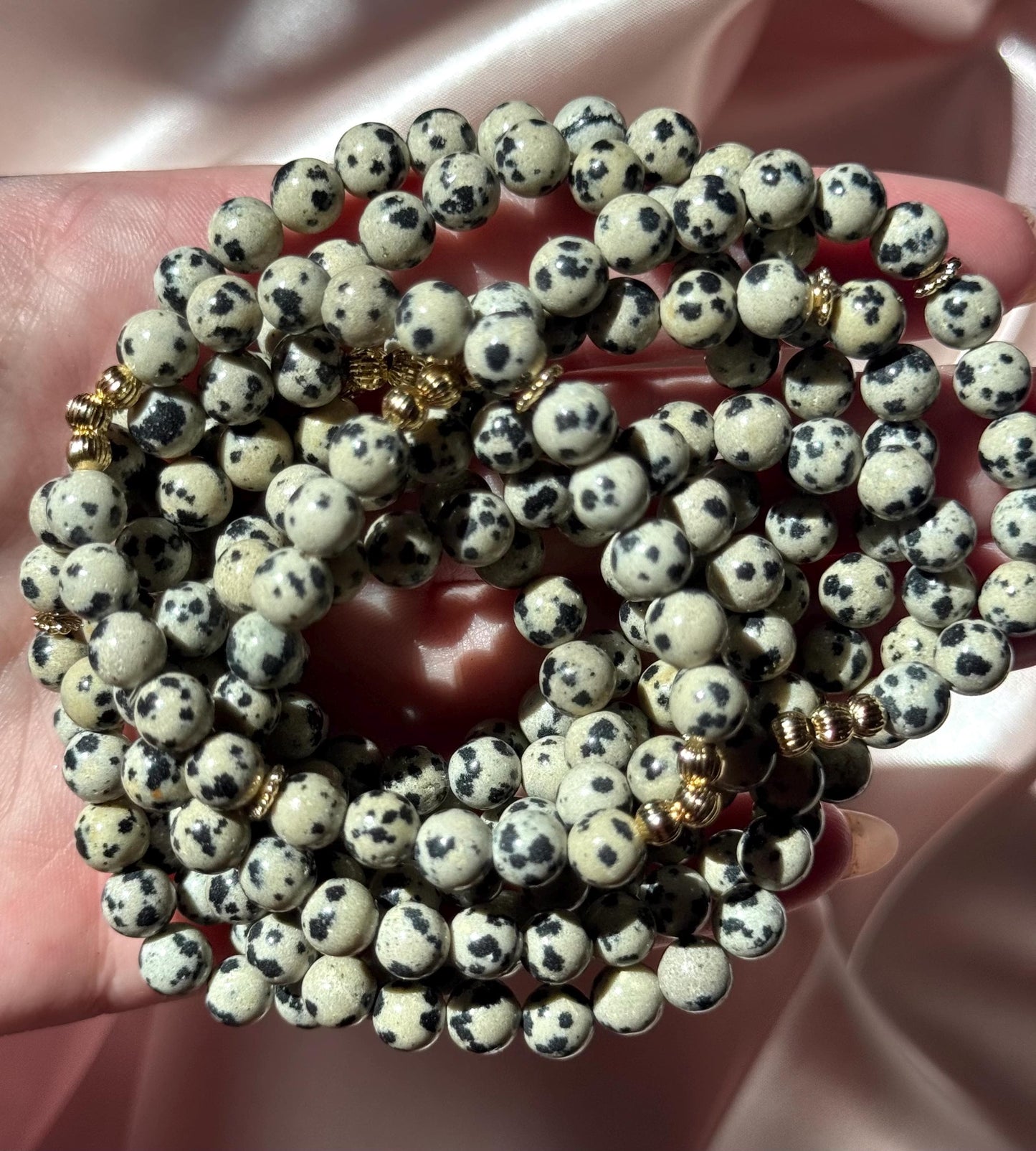 Beautiful Dalmatian Jasper 6mm Bracelet | Dalmatian Jasper Beaded Bracelet with 18KT Gold Accent Beads