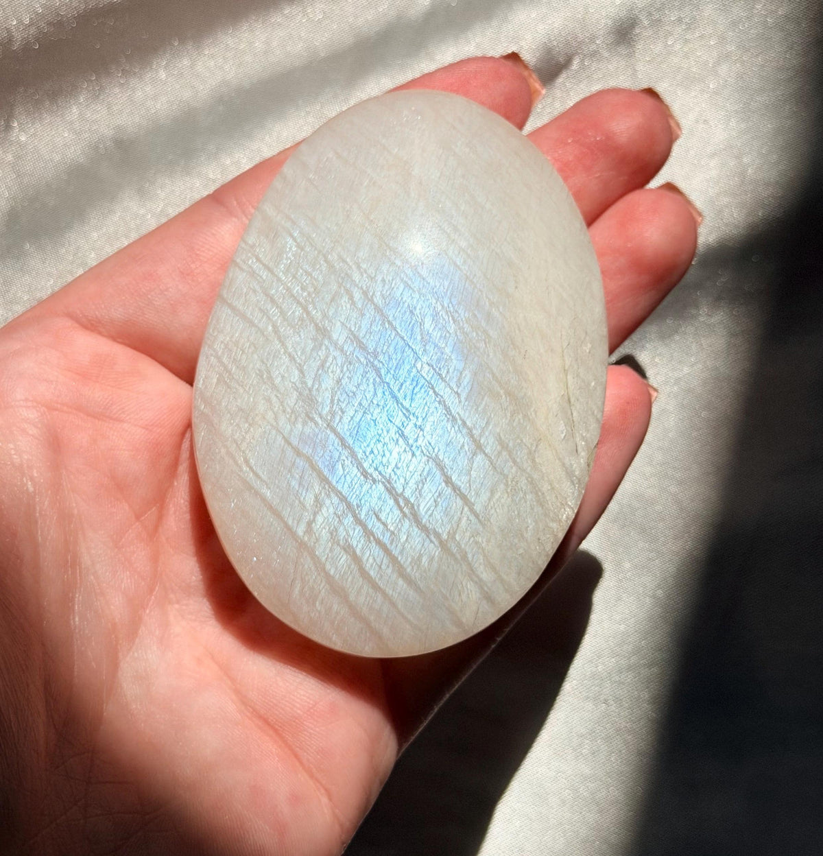 Stunning Moonstone Palm Stone with Blue Flash | Flashy White Moonstone Worry Stone