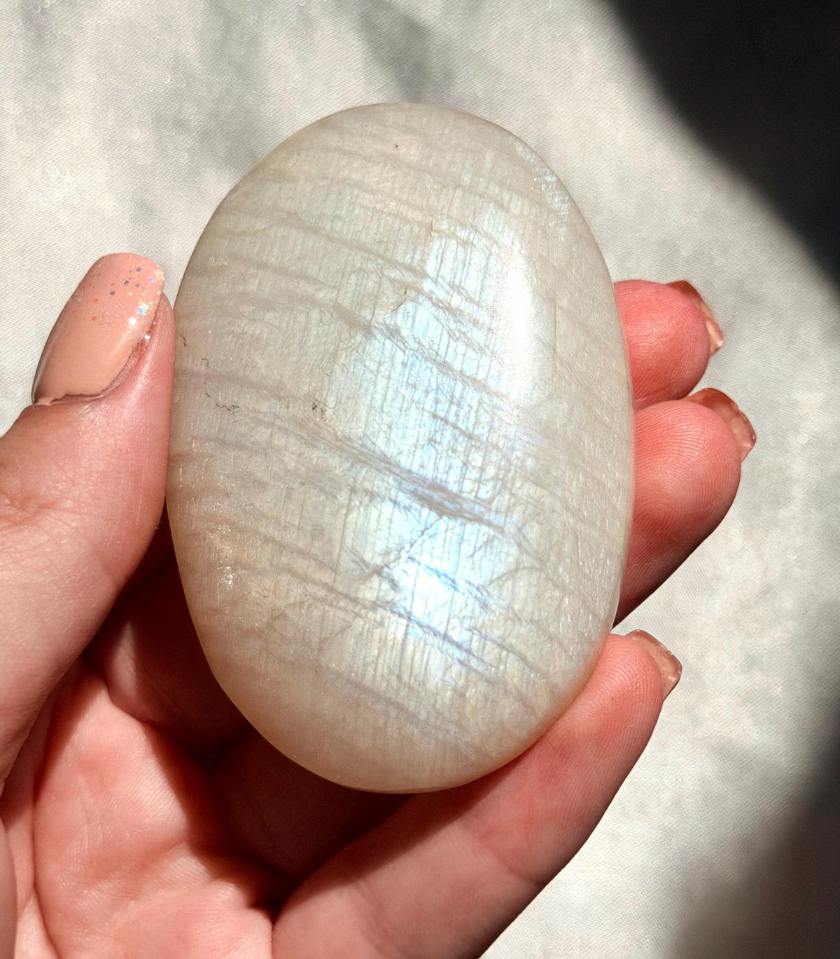 Stunning Moonstone Palm Stone with Blue Flash | Flashy White Moonstone Worry Stone