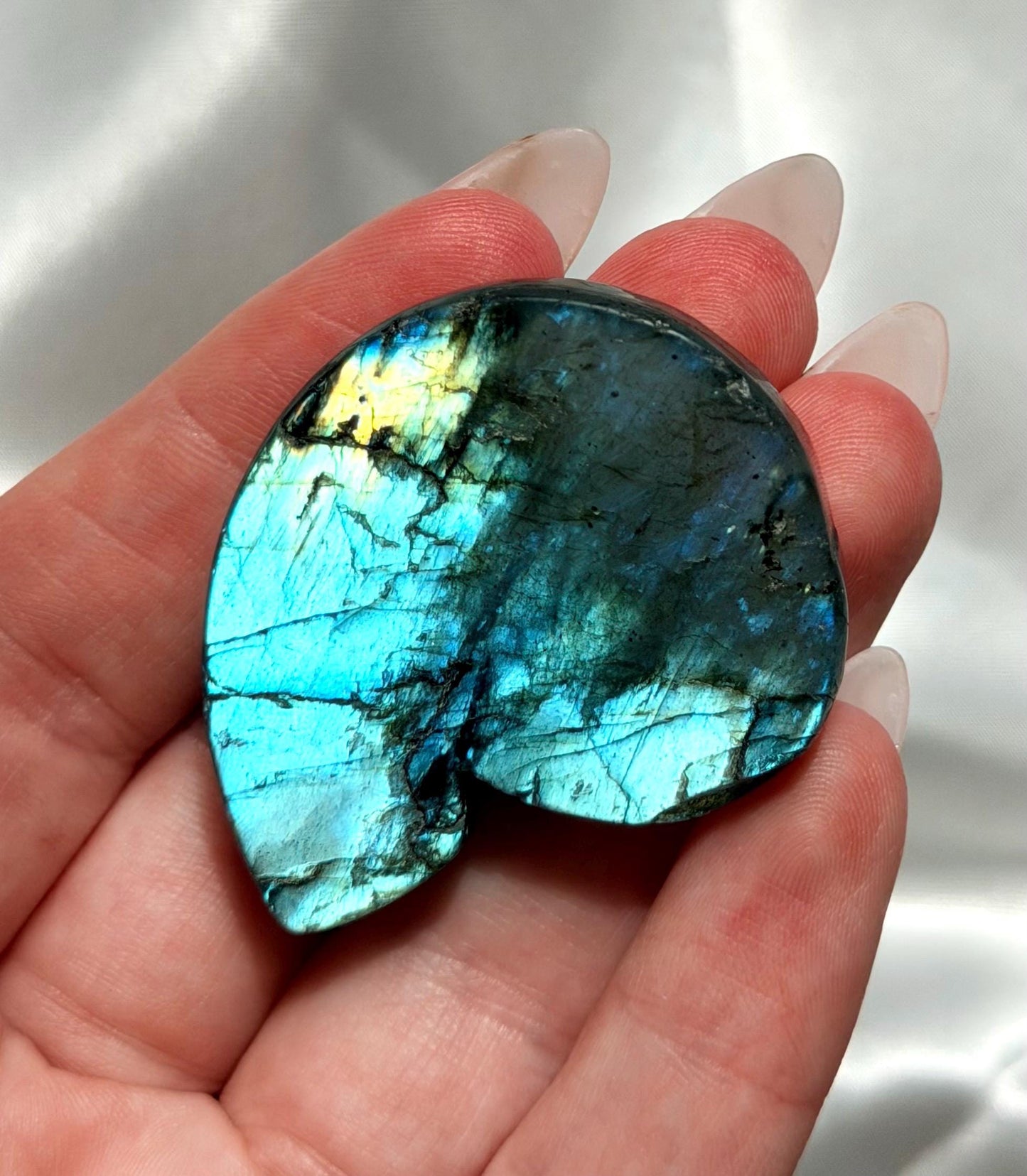 Flashy Labradorite Ammonite Carving | Blue Green Flash Crystal Fossil | Madagascar Labradorite Shell