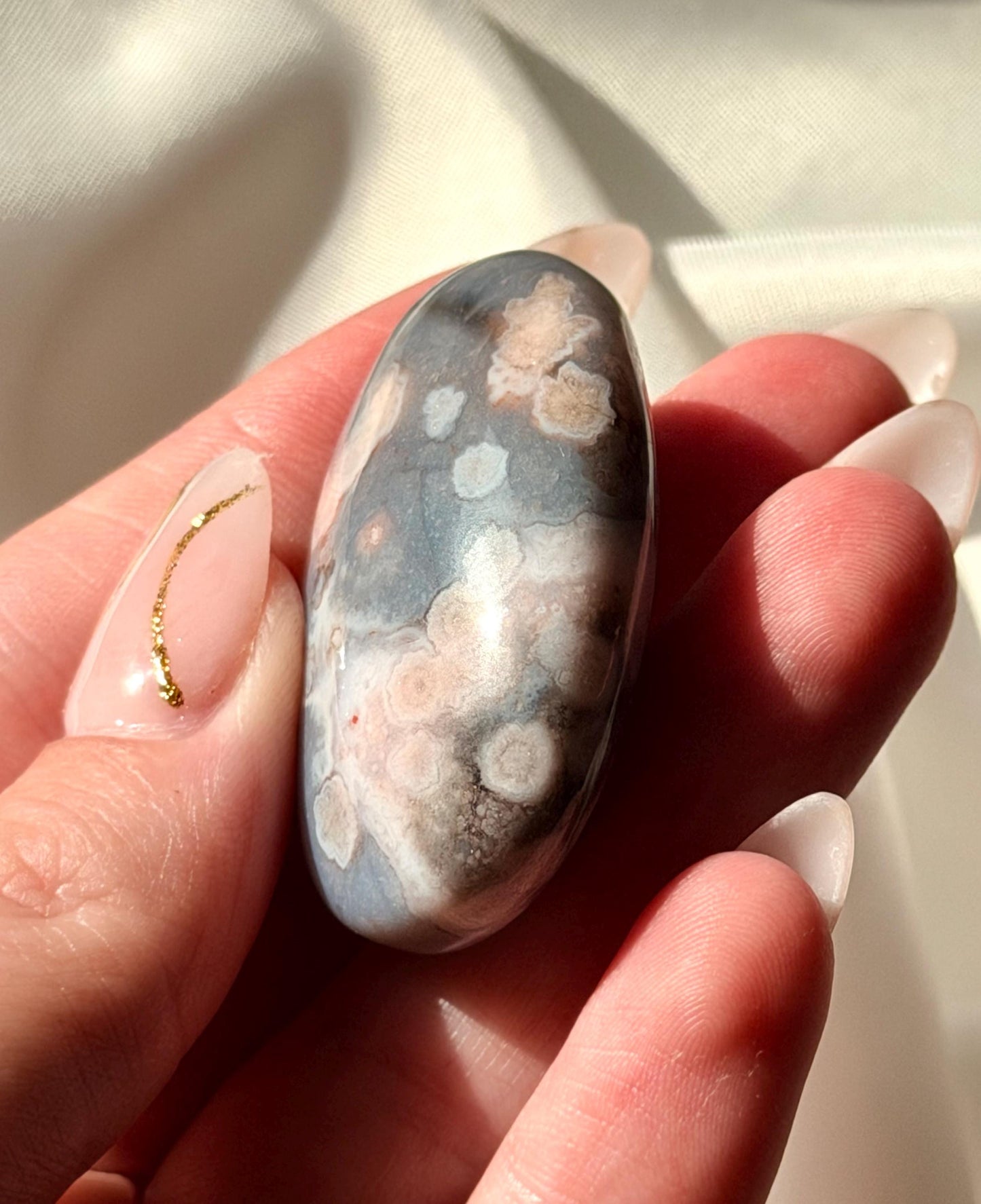 Blue Flower Agate Palm Stone | Natural Blue Flower Agate Crystal | Healing Crystal for Calm & Growth | Meditation Worry Stone