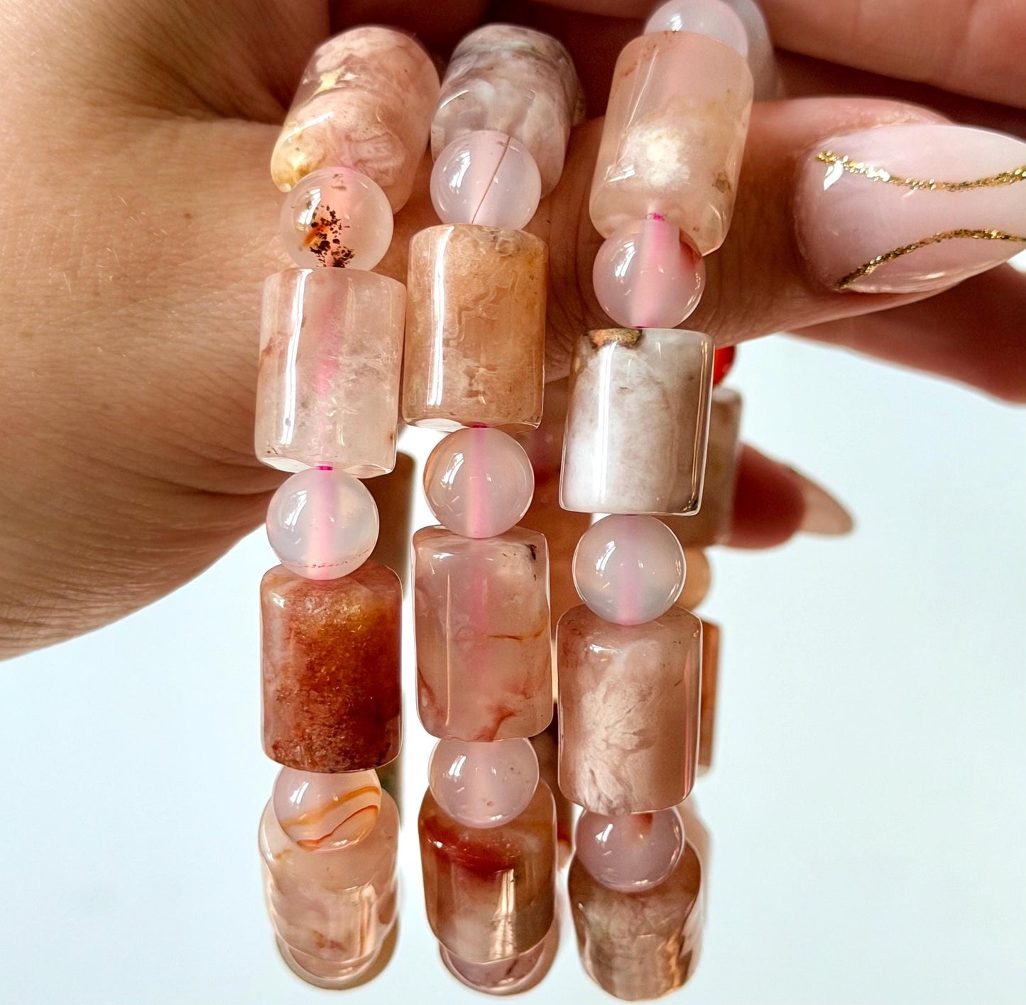 Flower Agate Bracelet | Unique Cylinder Bead Crystal Bracelet | Pink Gemstone Stretch Bracelet | Healing Crystal Gift for Her