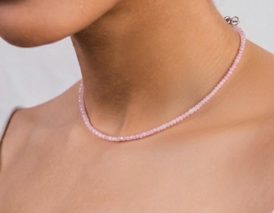 Beautiful Rose Quartz Necklace | 3mm Rose Quartz Beaded Adjustable Necklace