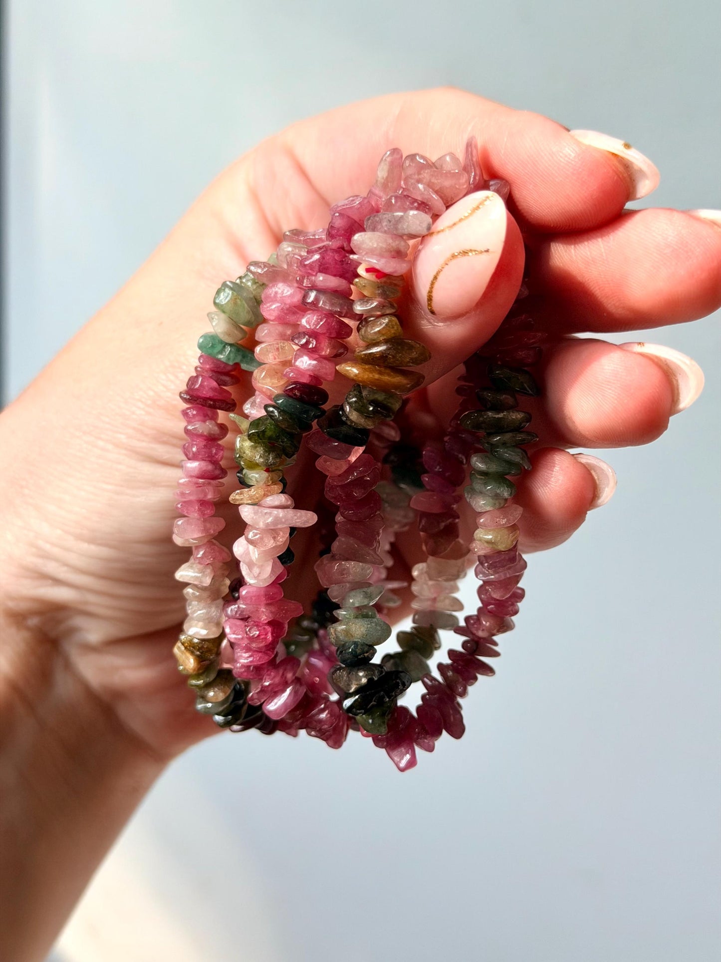 Watermelon Tourmaline Bracelet | Rainbow Tourmaline Chip Bracelet | Stretchy Bracelets