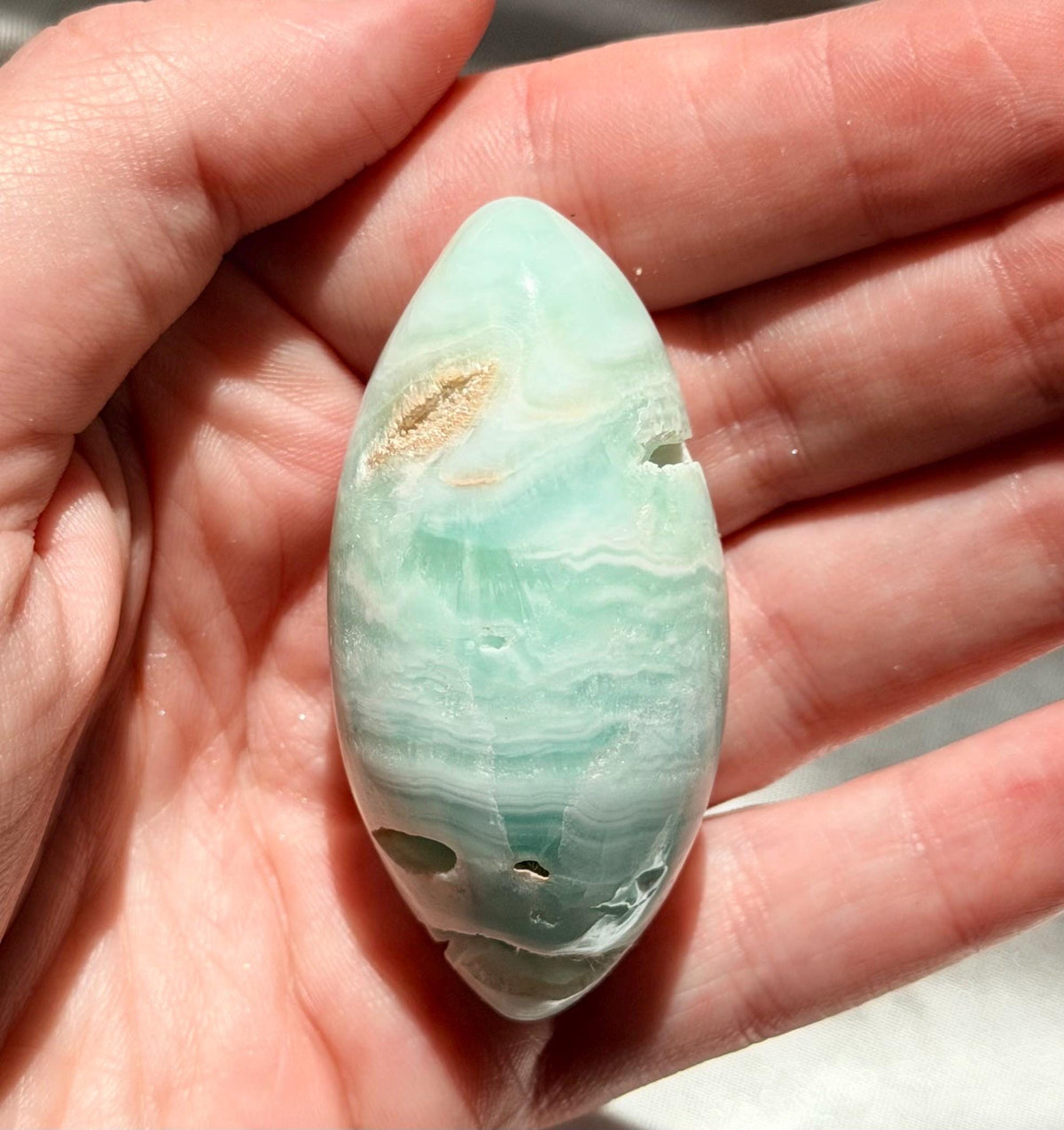 Caribbean Calcite Palm Stone | Caribbean Calcite Egg | Polished Egg Stone | Worry Stone | Blue Calcite Lingham
