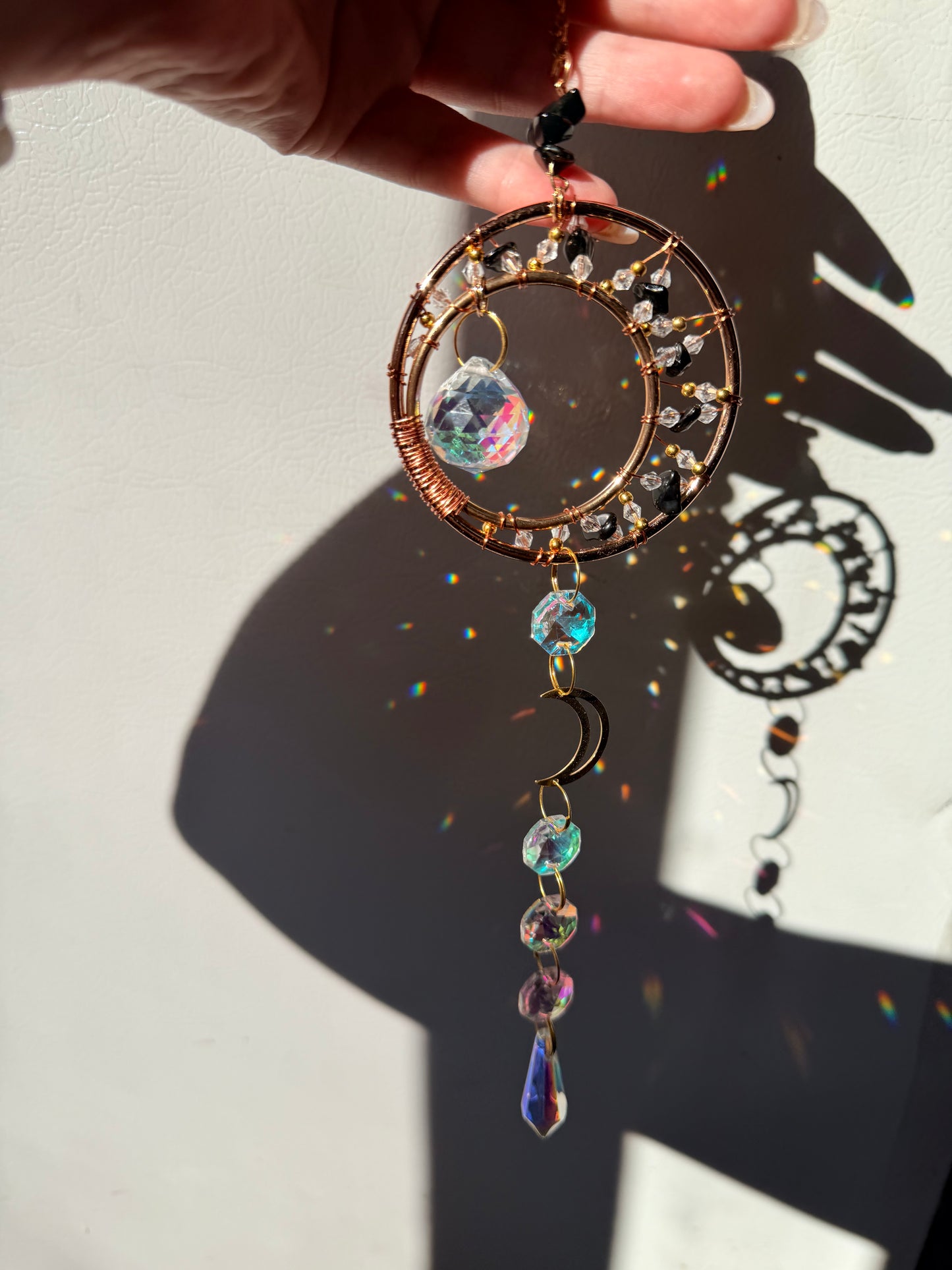 Beautiful Round Black Obsidian & Clear Quartz Sun Catcher