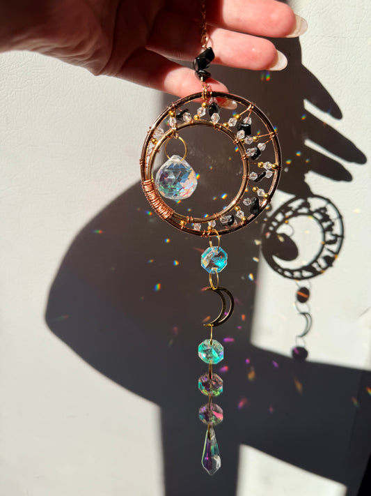 Beautiful Round Black Obsidian & Clear Quartz Sun Catcher