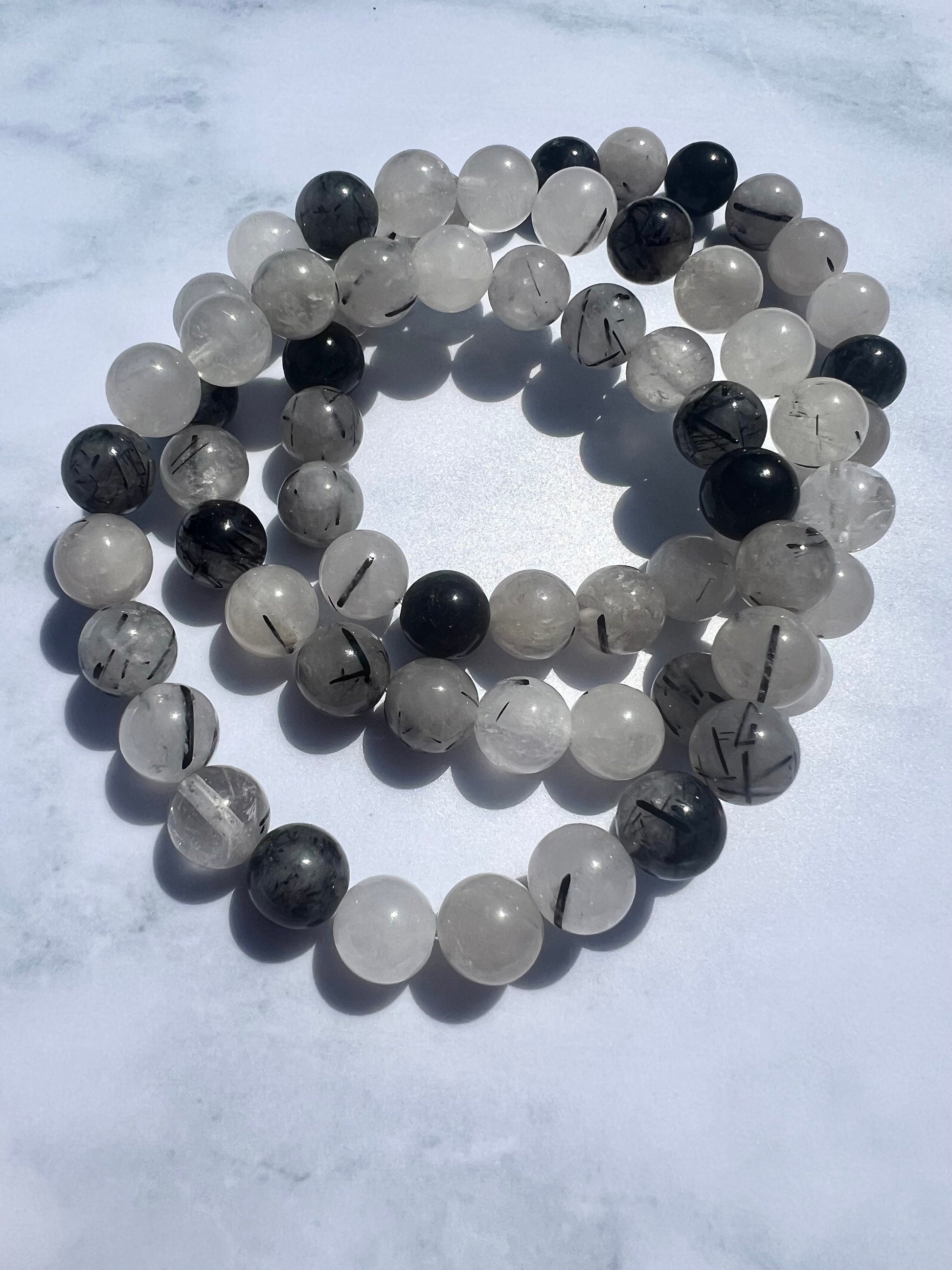 Black Rutile in Quartz Beaded Gemstone Bracelet