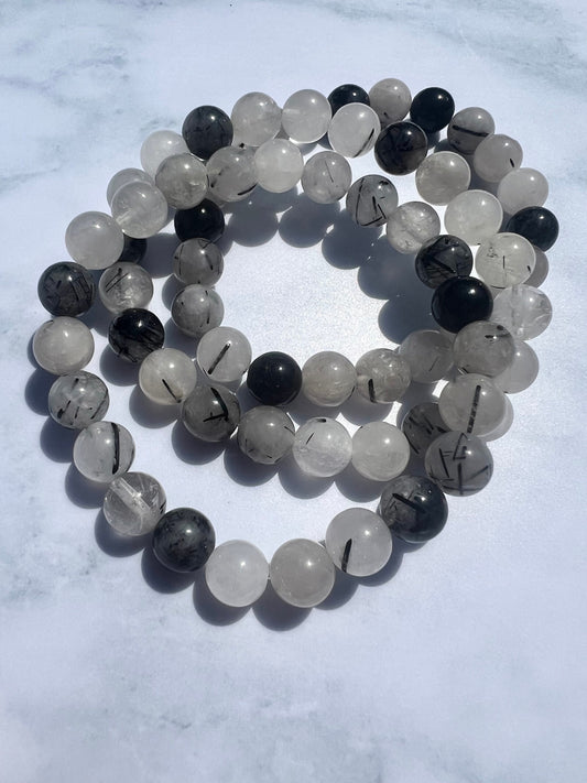 Black Rutile in Quartz Beaded Gemstone Bracelet