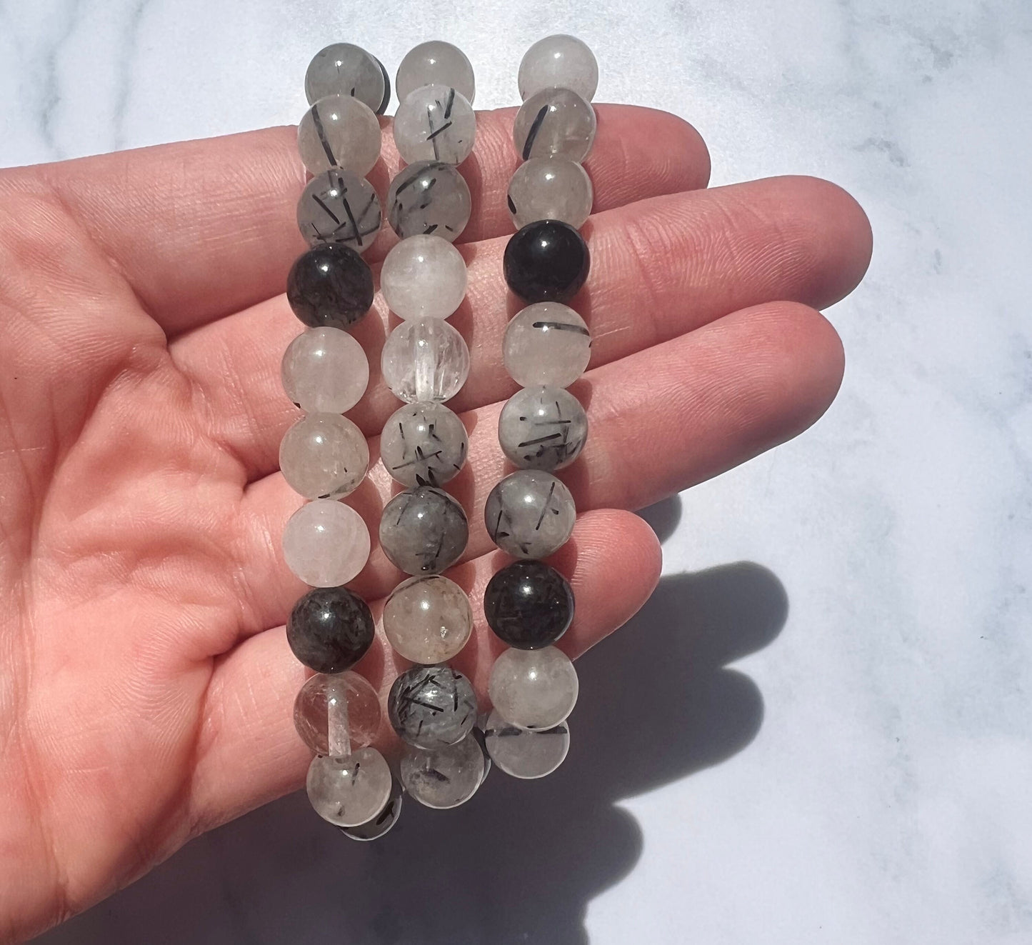 Black Rutile in Quartz Beaded Gemstone Bracelet