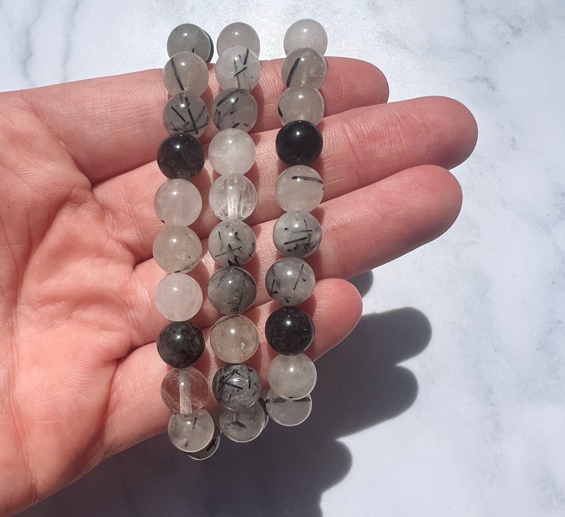 Black Rutile in Quartz Beaded Gemstone Bracelet