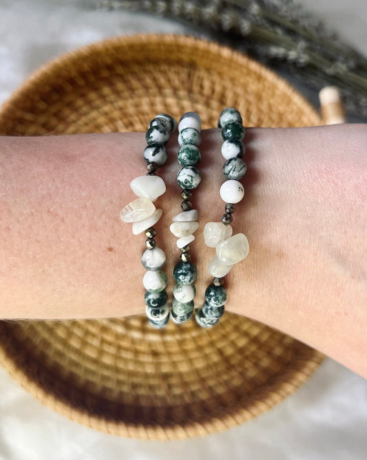 Moss Agate Bracelet with Moonstone Chips and Pyrite Handcrafted Gemstone Bracelet Crystal Healing Jewelry