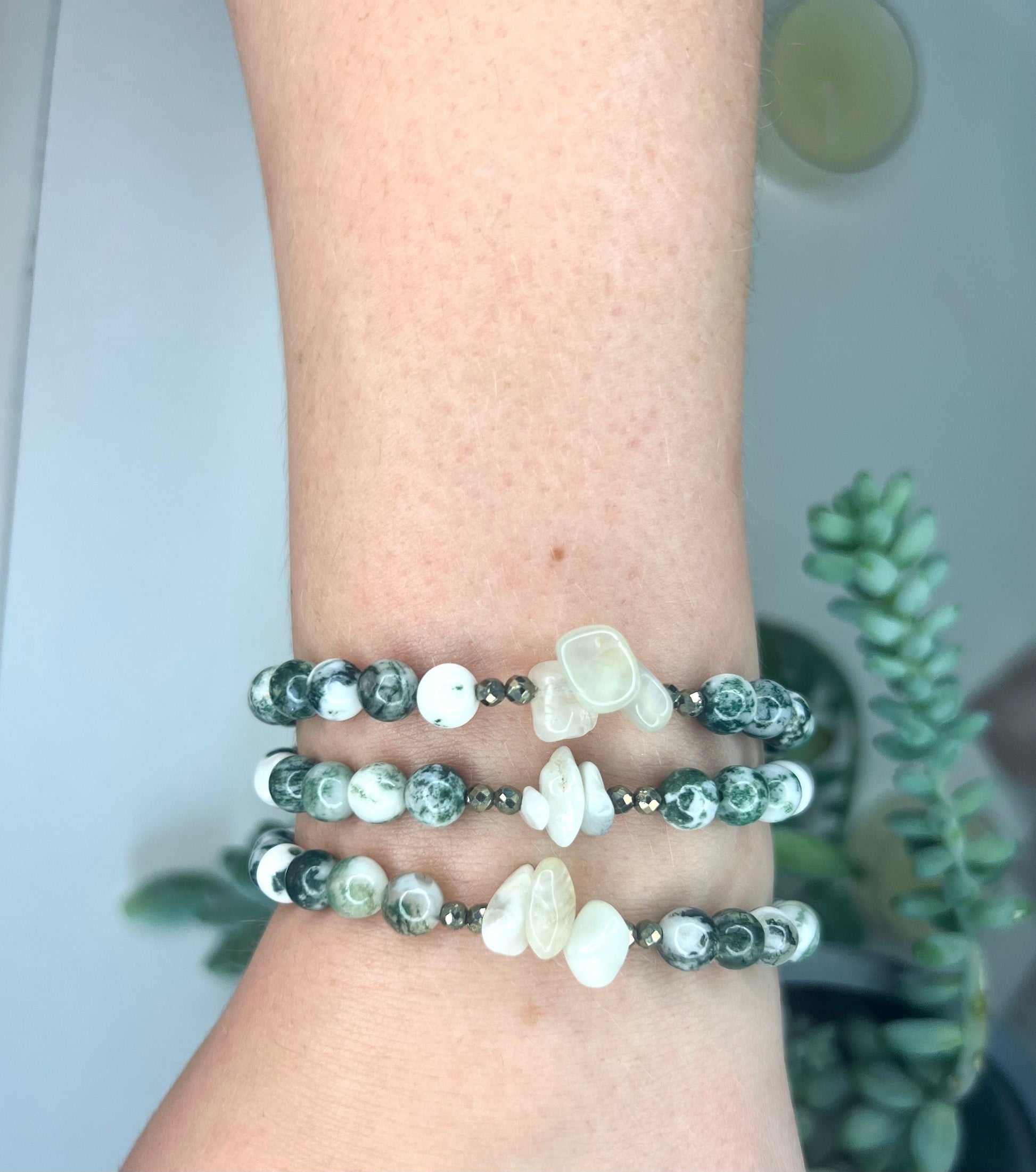 Moss Agate Bracelet with Moonstone Chips and Pyrite Handcrafted Gemstone Bracelet Crystal Healing Jewelry