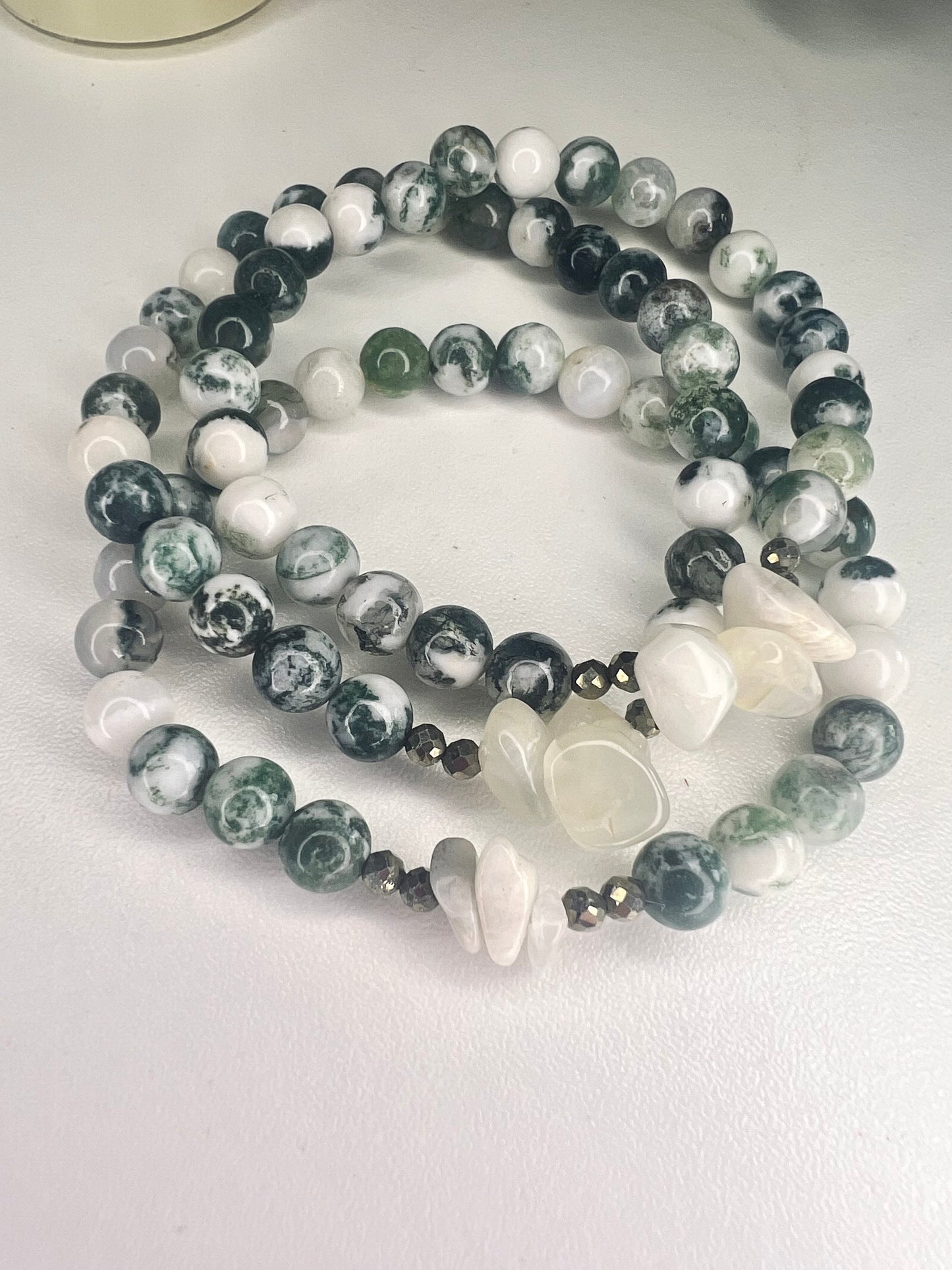 Moss Agate Bracelet with Moonstone Chips and Pyrite Handcrafted Gemstone Bracelet Crystal Healing Jewelry