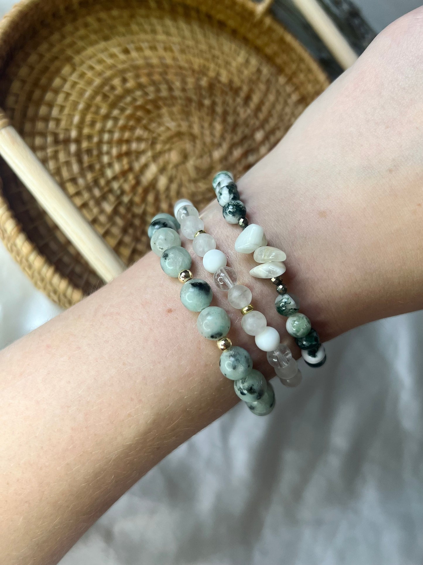 Moss Agate Bracelet with Moonstone Chips and Pyrite Handcrafted Gemstone Bracelet Crystal Healing Jewelry