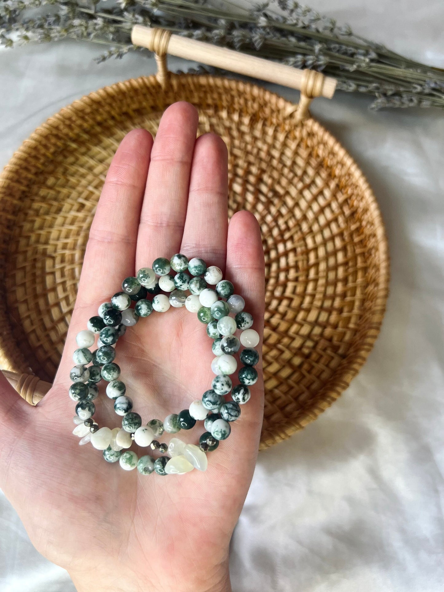 Moss Agate Bracelet with Moonstone Chips and Pyrite Handcrafted Gemstone Bracelet Crystal Healing Jewelry