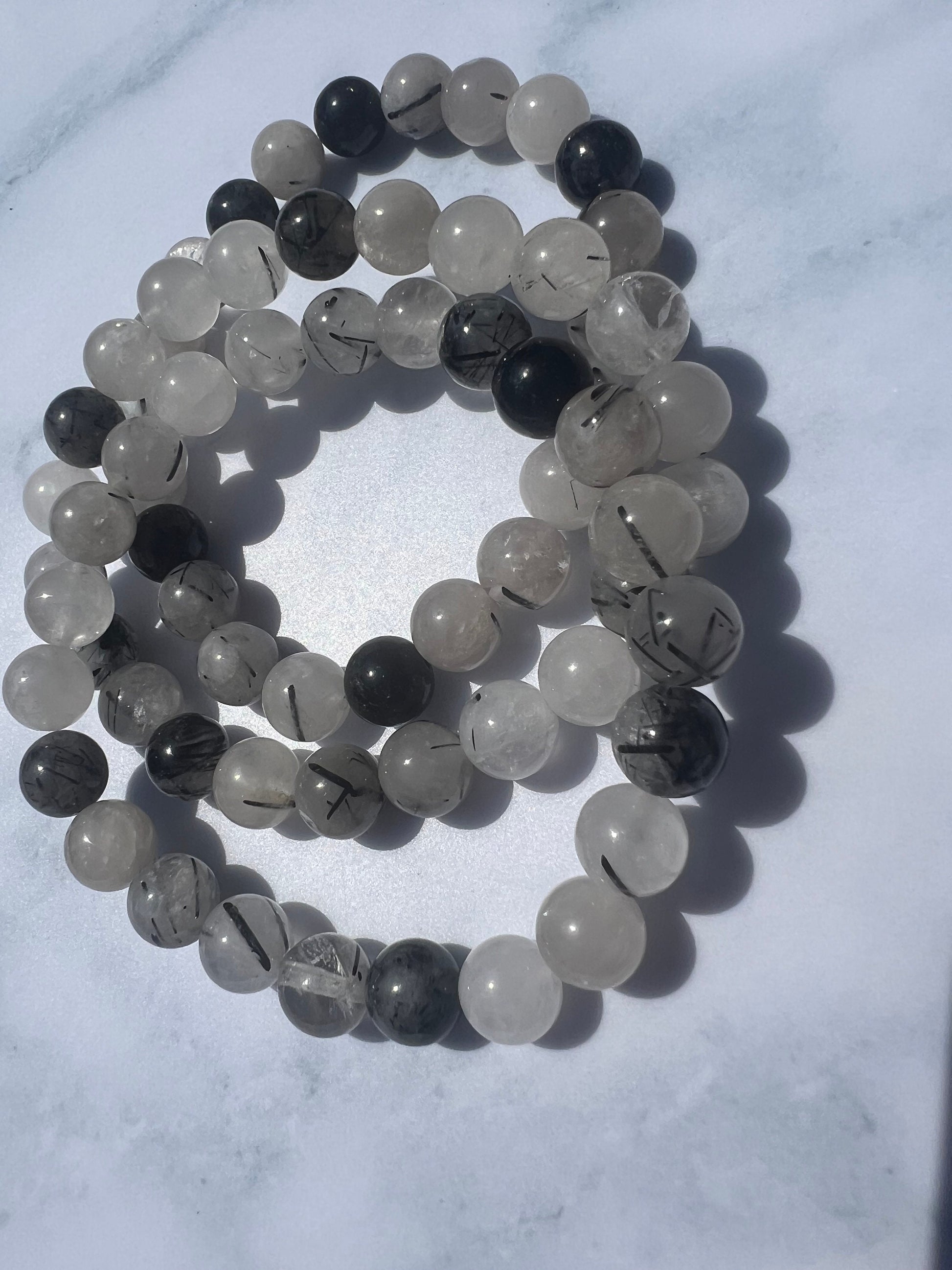 Black Rutile in Quartz Beaded Gemstone Bracelet