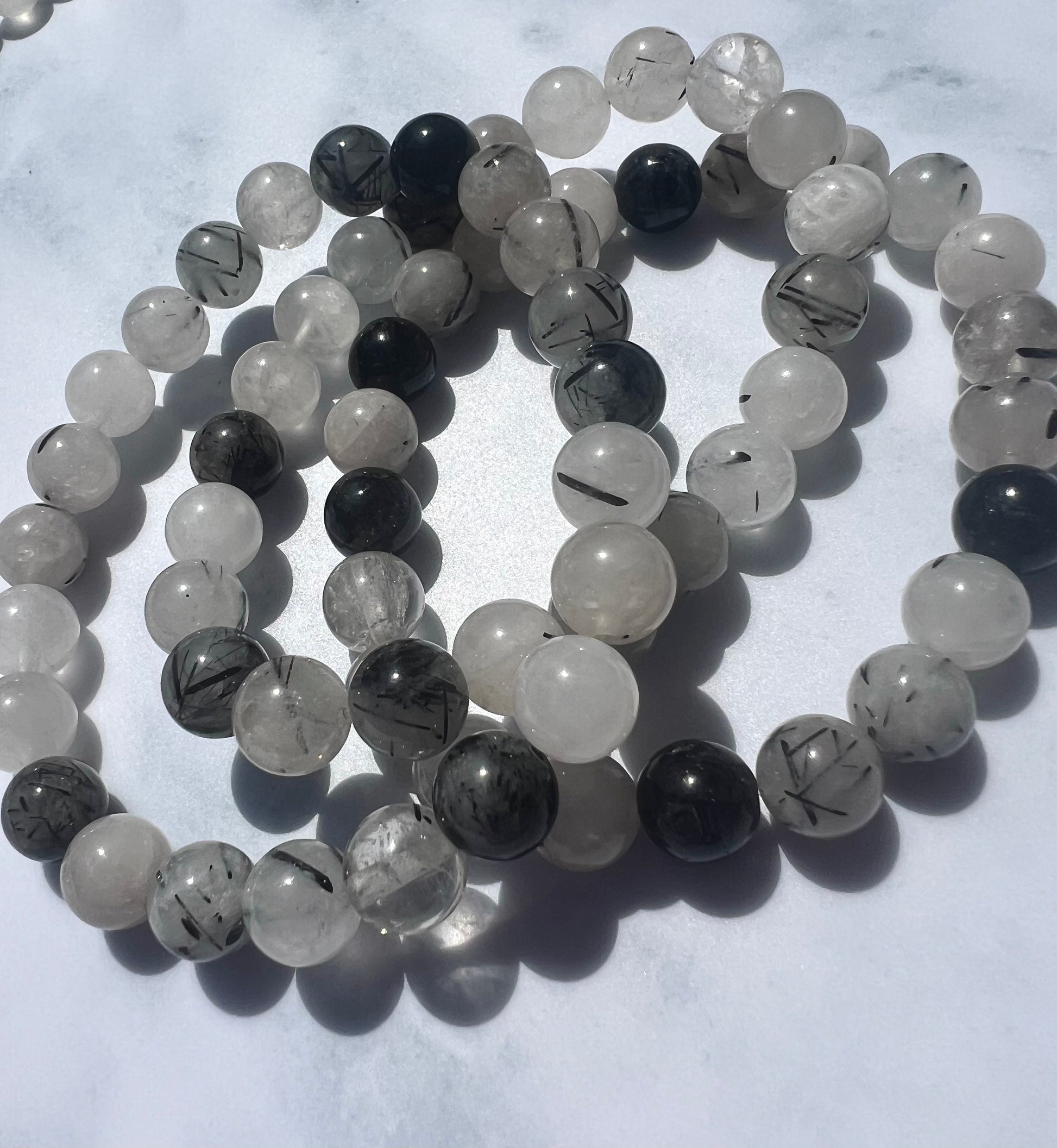Black Rutile in Quartz Beaded Gemstone Bracelet