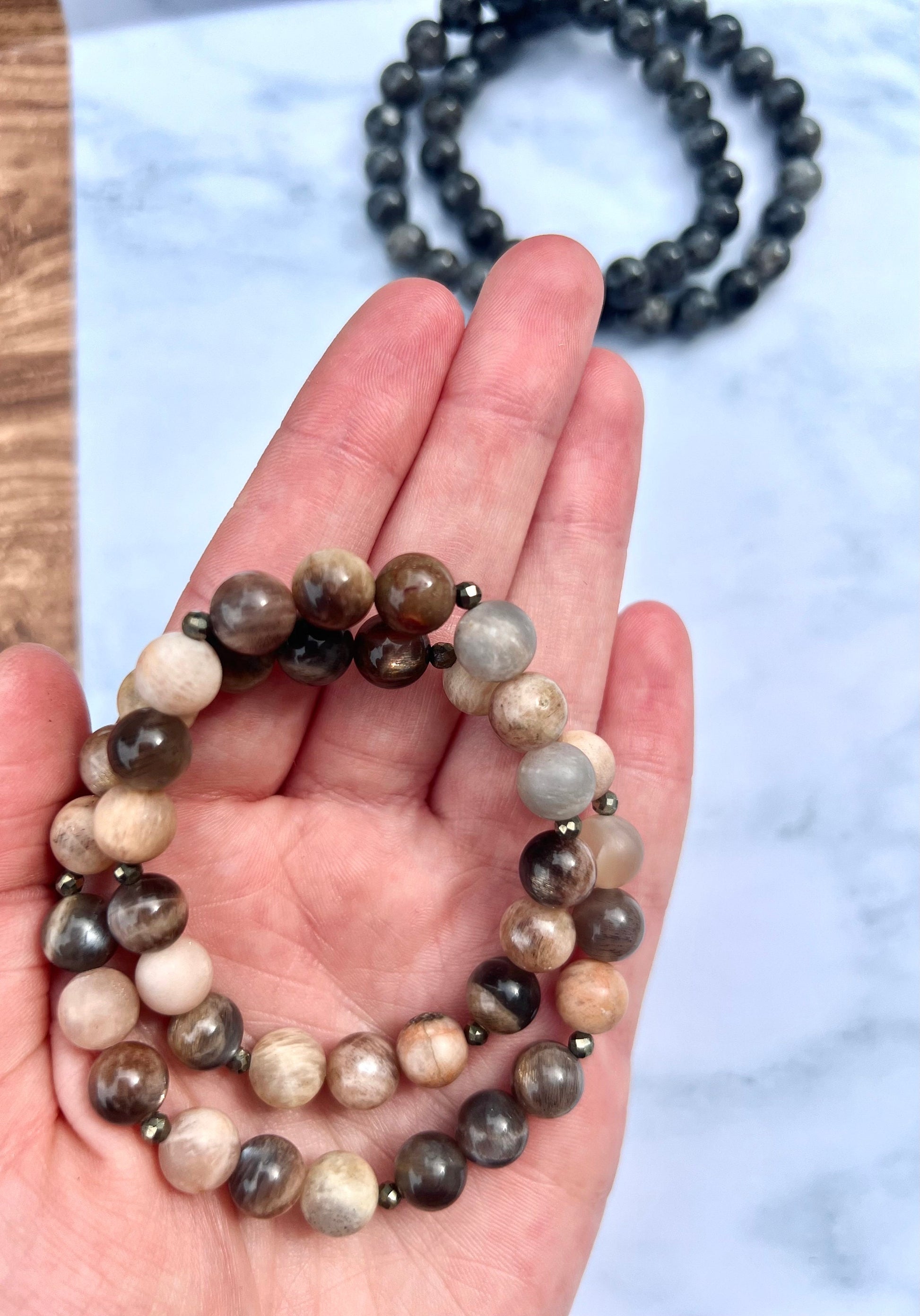 Chocolate Moonstone & Sunstone Bracelet Handmade Gemstone Jewelry Crystal Healing Bracelet for Her Gift box Accessory Meditation Gift