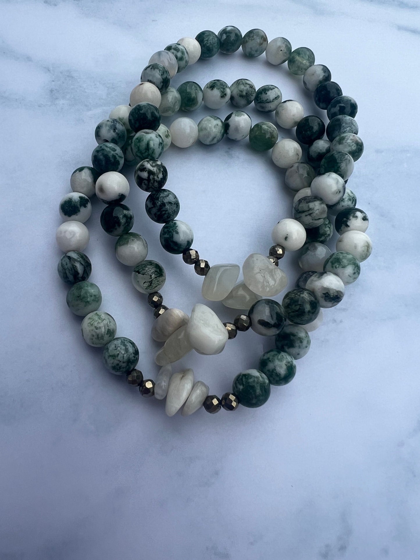 Moss Agate Bracelet with Moonstone Chips and Pyrite Handcrafted Gemstone Bracelet Crystal Healing Jewelry
