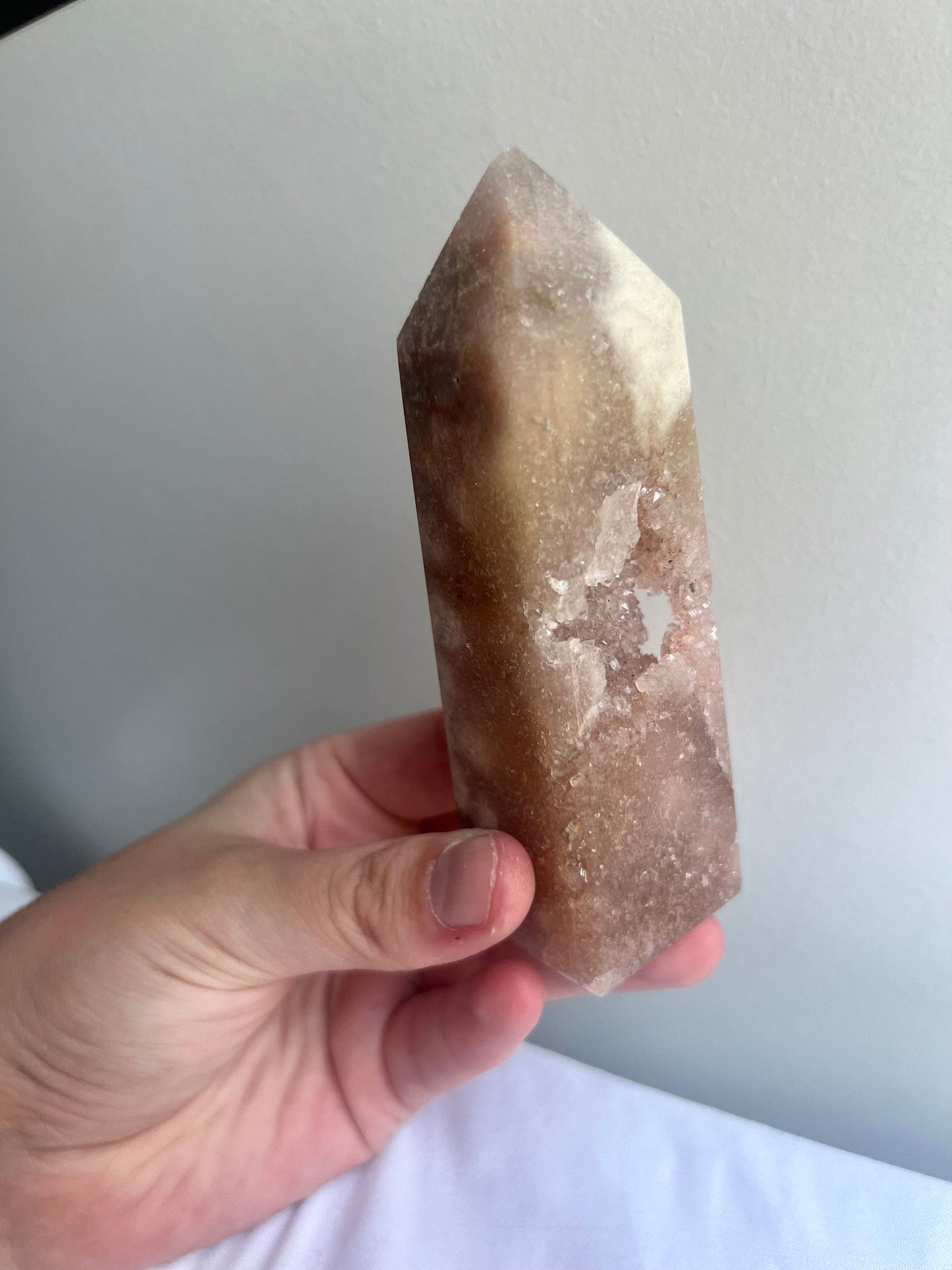 Pink Amethyst with Flower Agate Tower with Portal Druzy Pink Flower Amethyst Obelisk