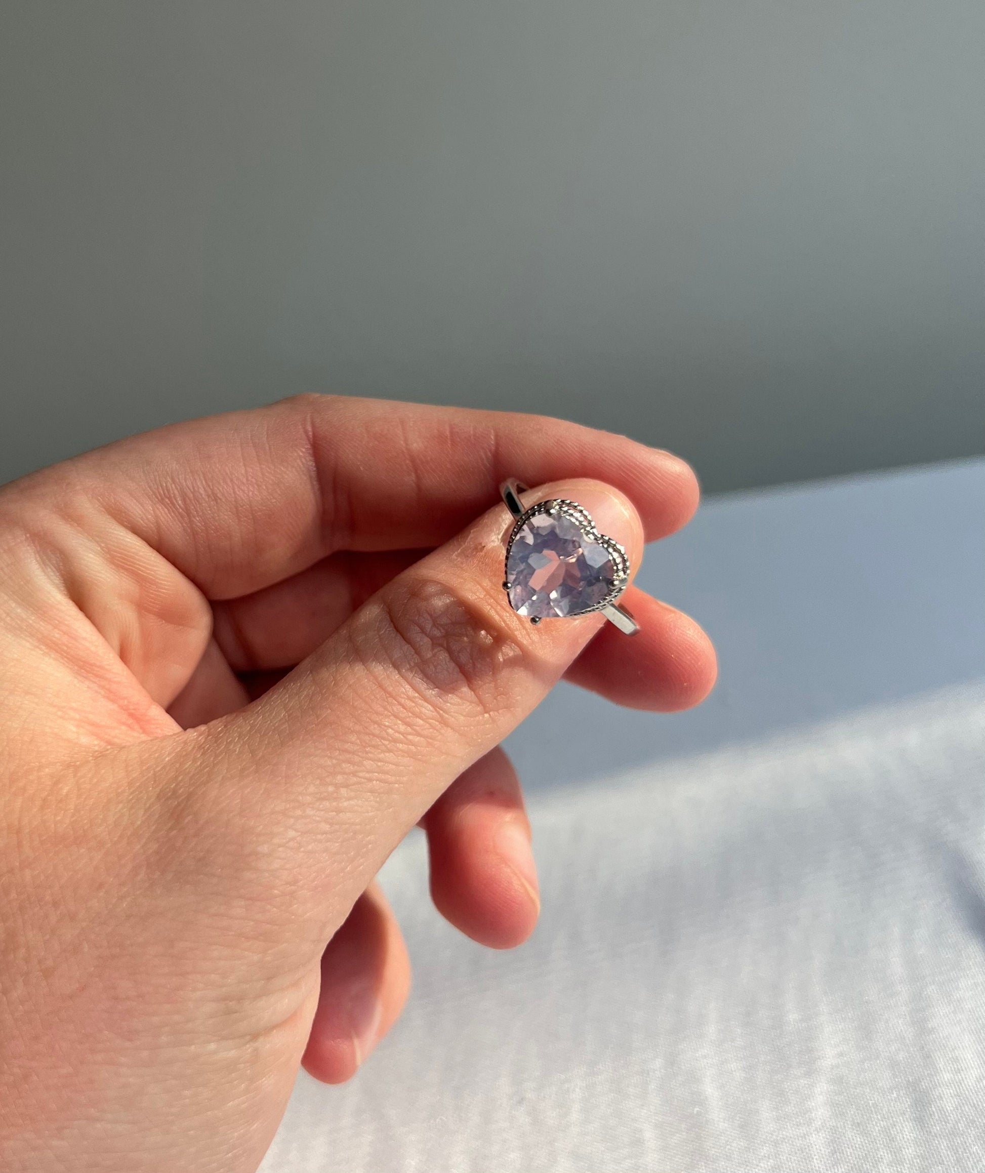Lavender Moon Quartz Ring with 925 Sterling Silver Adjustable Band Heart Shaped Lavender Moon Quartz
