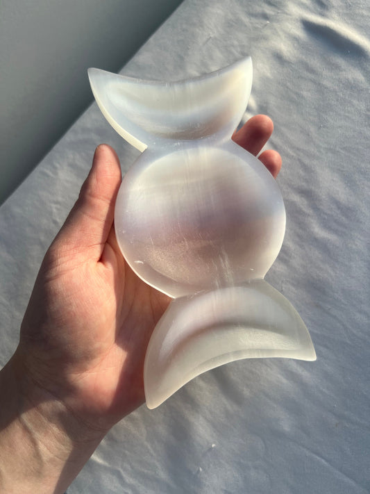 Moon Cycle Selenite Dish | Crescent Moon Satin Spar Bowl