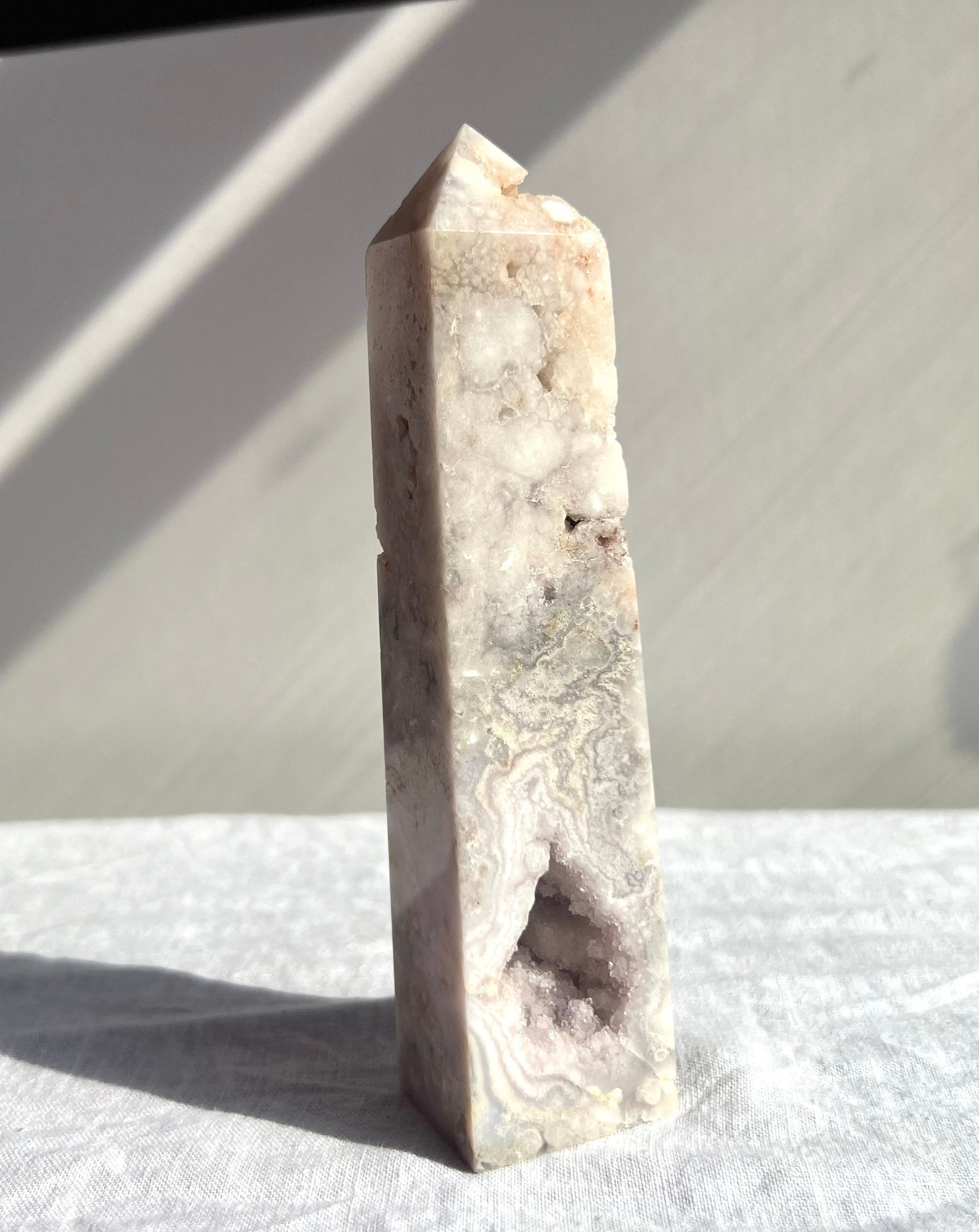 Gorgeous Pink Amethyst with Flower Agate Tower Druzy Pink Flower Amethyst Obelisk 6”