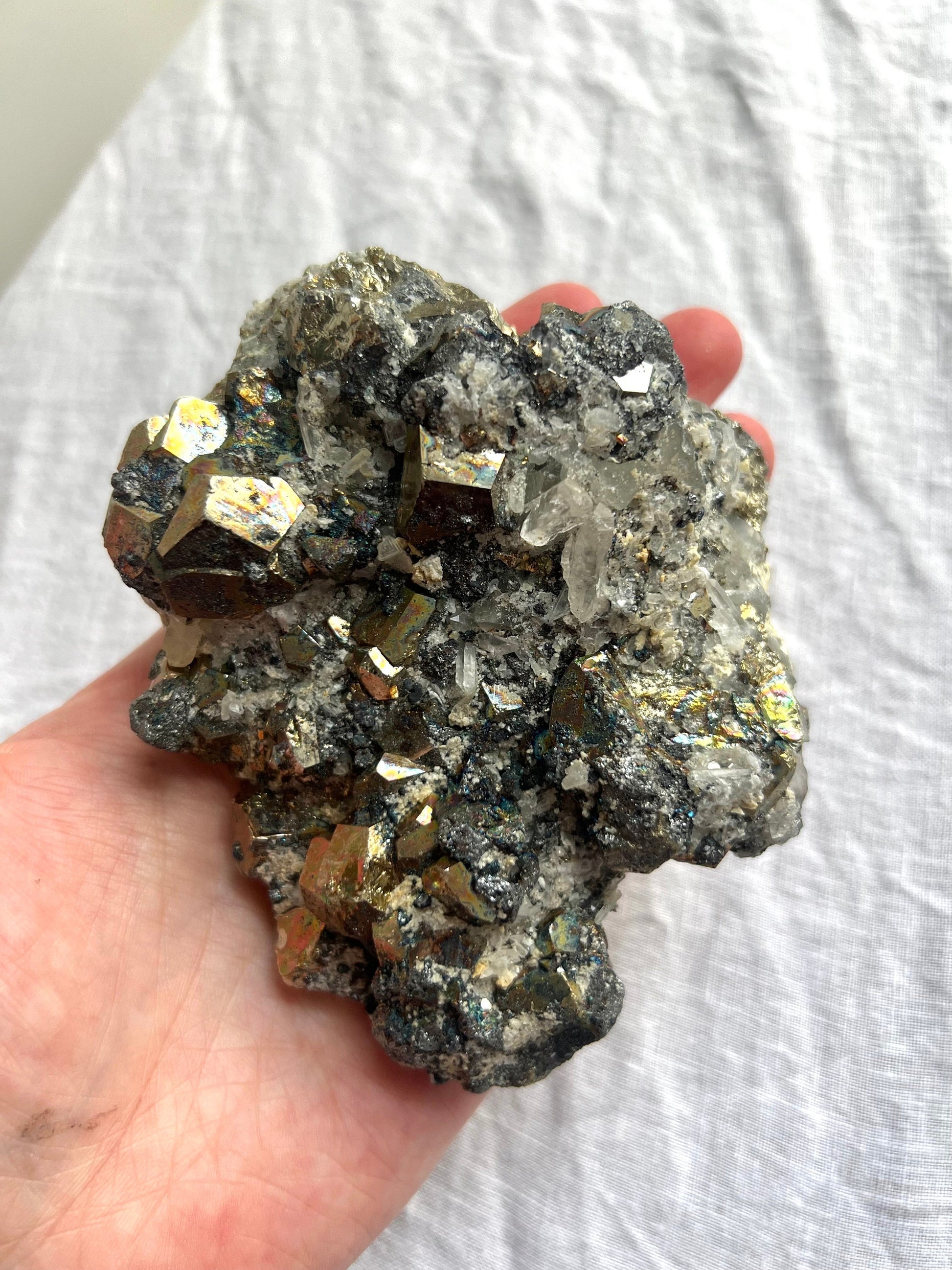 Beautiful Rainbow Pyrite on Calcite with Clear Quartz | Irredescent Pyrite Calcite & Quartz