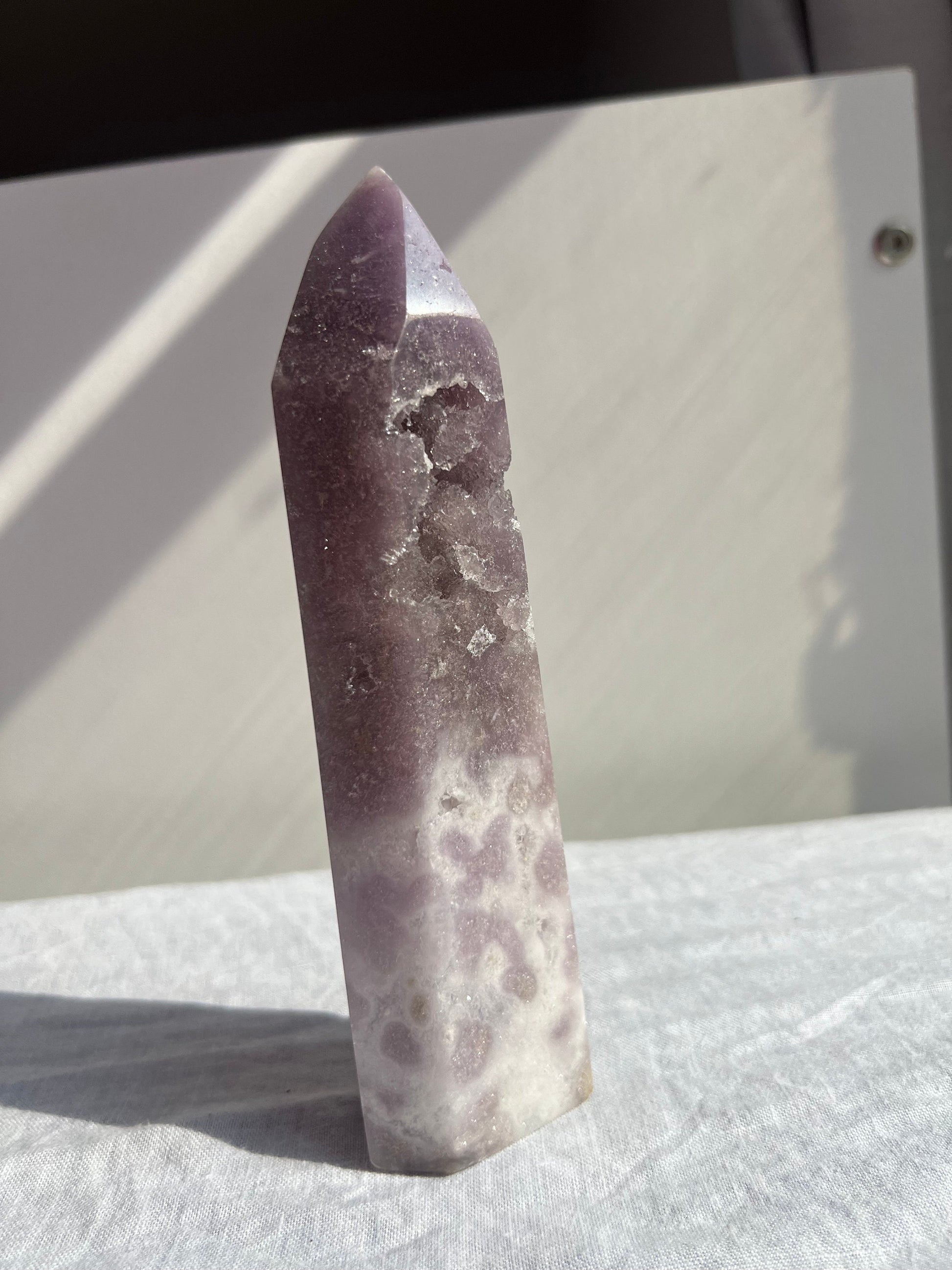 Lavender Pink Amethyst Tower with Druzy | Lilac Pink Amethyst 6” Tall Obelisk