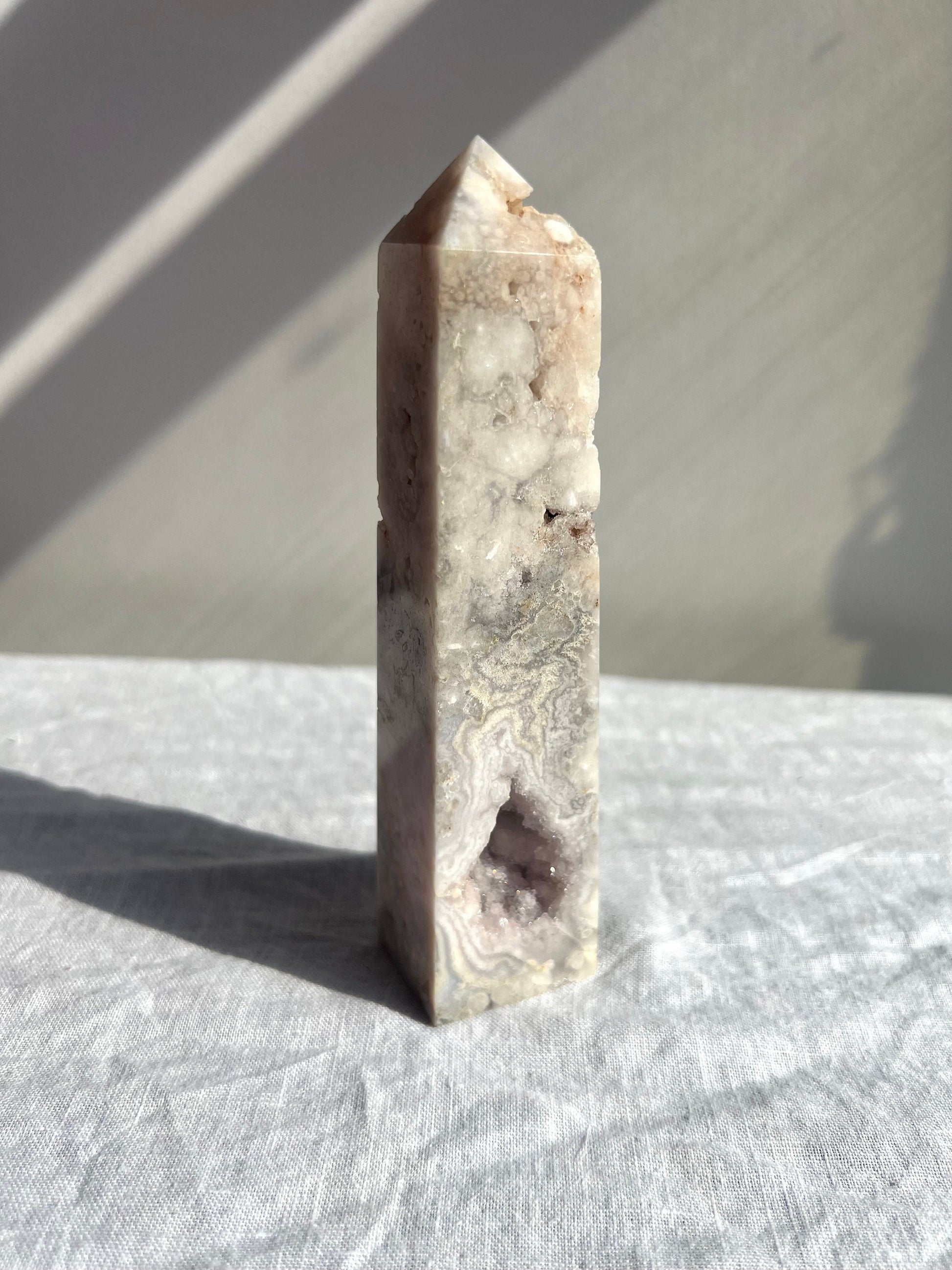 Gorgeous Pink Amethyst with Flower Agate Tower Druzy Pink Flower Amethyst Obelisk 6”