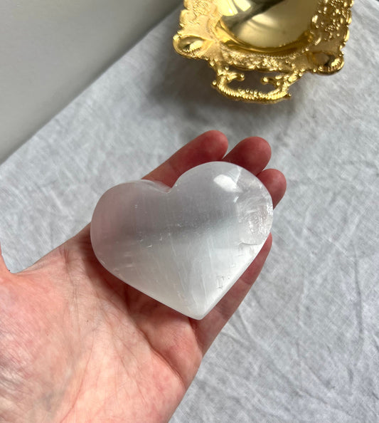 Large Selenite Heart Carving | Palm Stone Selenite Heart