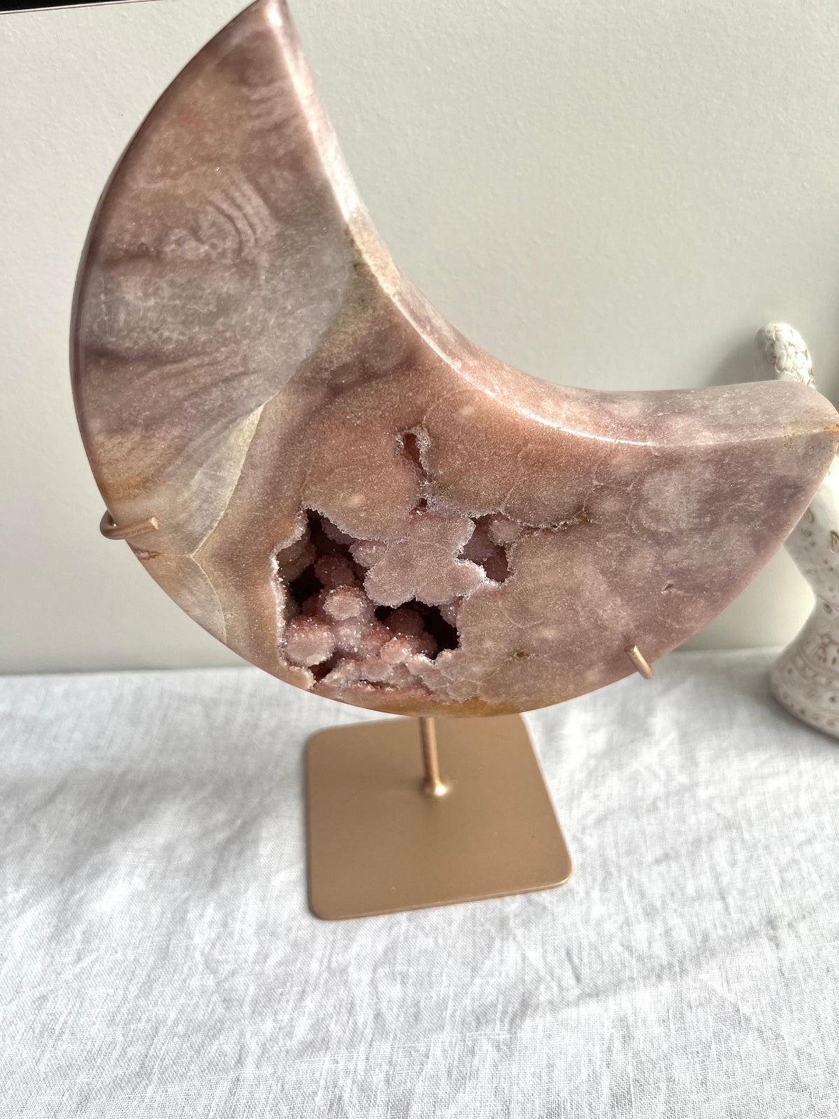 Gorgeous Large Druzy Pink Amethyst Crescent Moon with Display Stand from Brazil